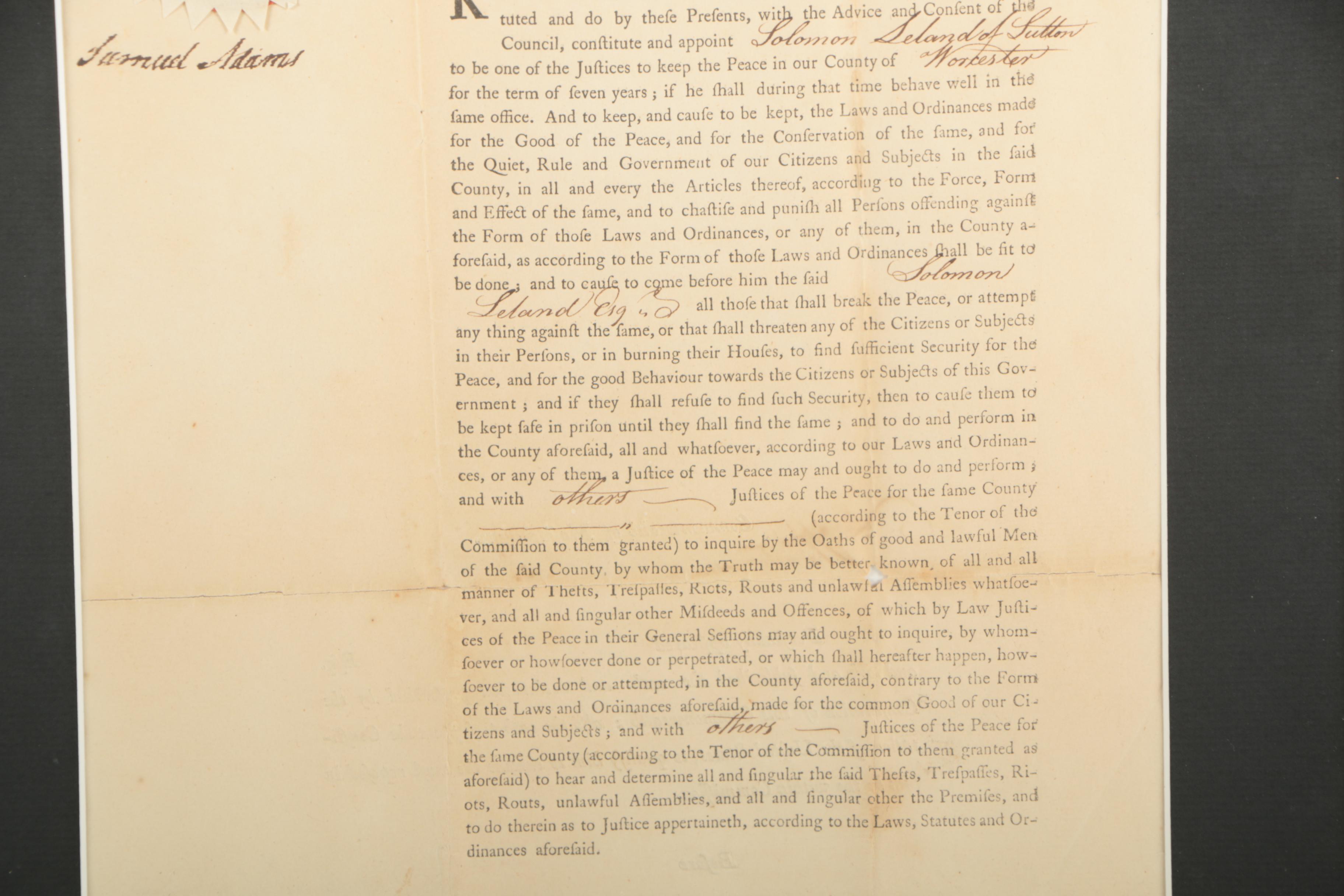 Samuel Adams Appointment Document Signed June 16, 1796