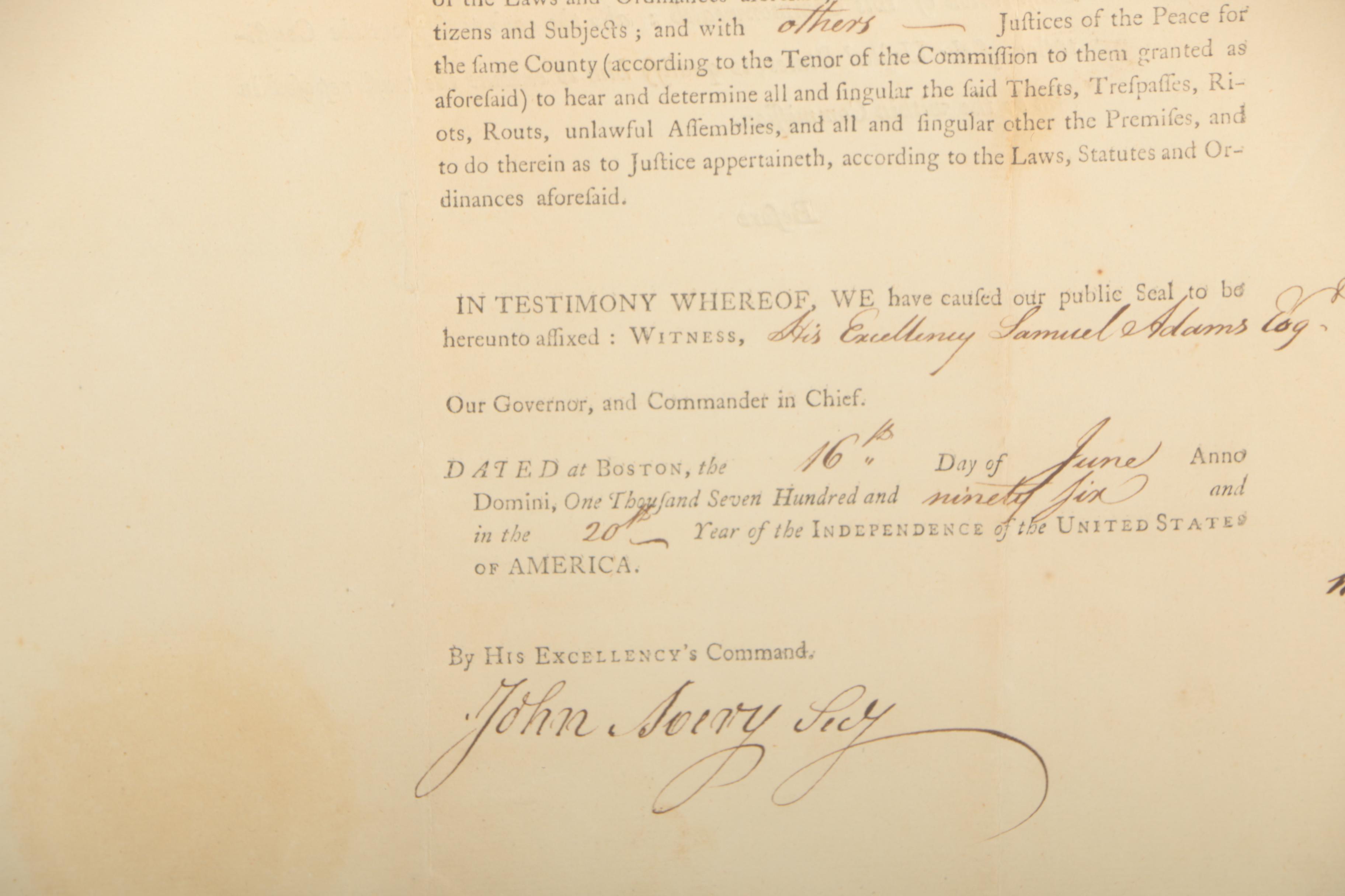Samuel Adams Appointment Document Signed June 16, 1796