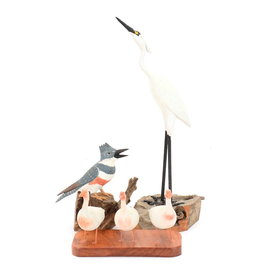 Carved Wooden Hand-Painted Bird Sculptures, Featuring Eugene Ownby