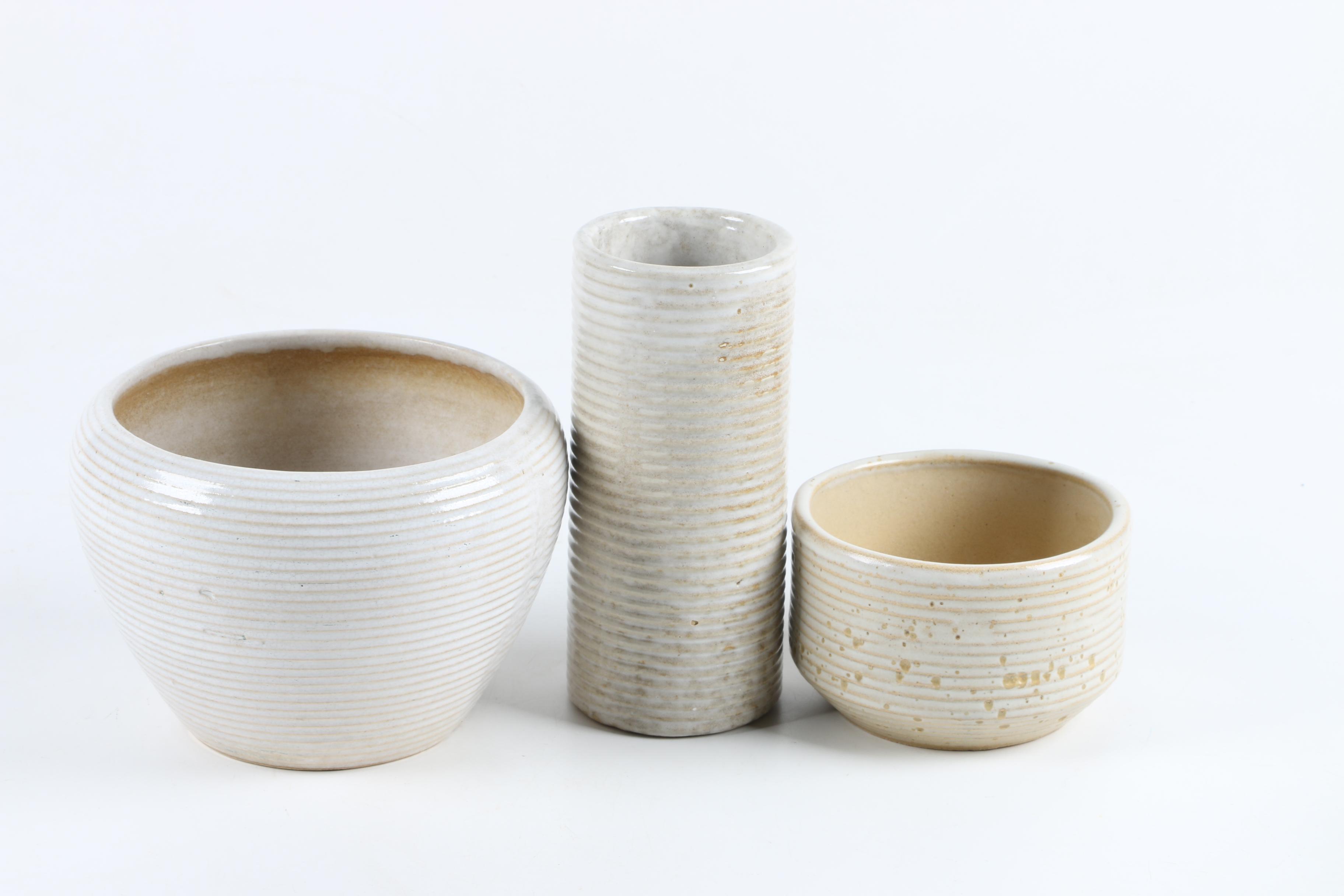 Zanesville "Stoneage Modern" Oatmeal Glazed Planters Designed by Bud Linn