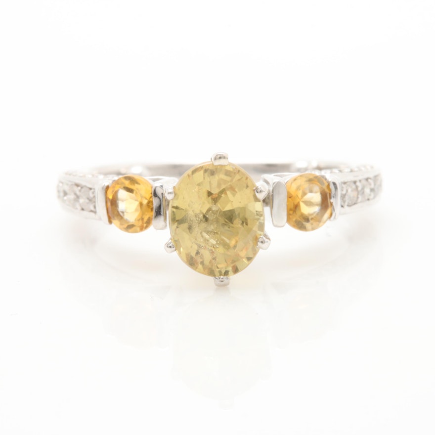 14K White Gold Untreated Yellow Sapphire, Citrine, and Diamond Ring