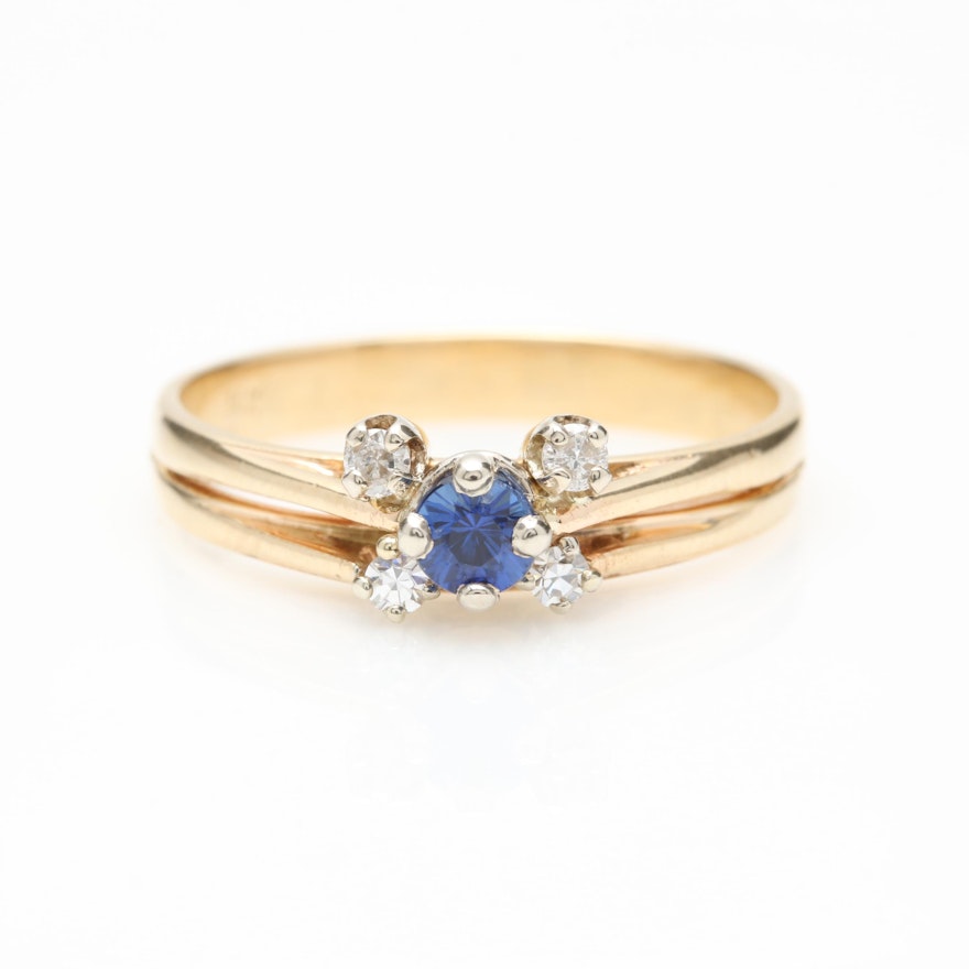 14K Yellow Gold Synthetic Blue Sapphire and Diamond Ring