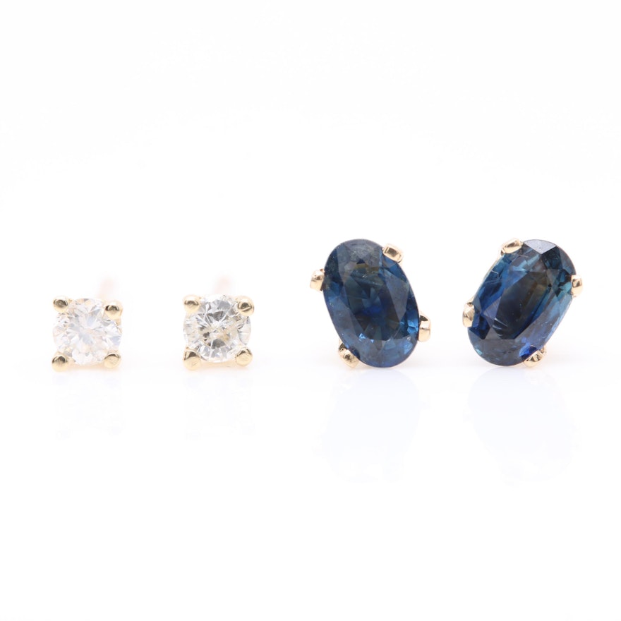 14K Yellow Gold Diamond and Sapphire Stud Earrings