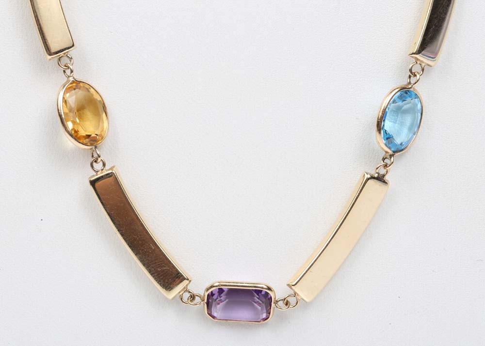 14K Yellow Gold Garnet, Amethyst, Citrine and Blue Topaz Bar Link Necklace