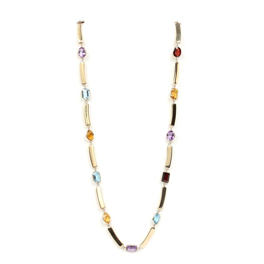 14K Yellow Gold Garnet, Amethyst, Citrine and Blue Topaz Bar Link Necklace