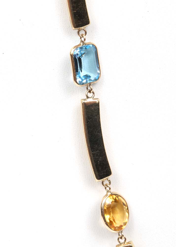 14K Yellow Gold Garnet, Amethyst, Citrine and Blue Topaz Bar Link Necklace