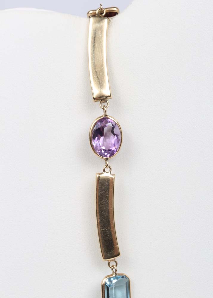14K Yellow Gold Garnet, Amethyst, Citrine and Blue Topaz Bar Link Necklace
