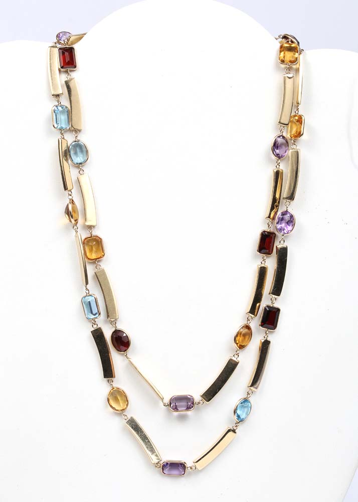 14K Yellow Gold Garnet, Amethyst, Citrine and Blue Topaz Bar Link Necklace