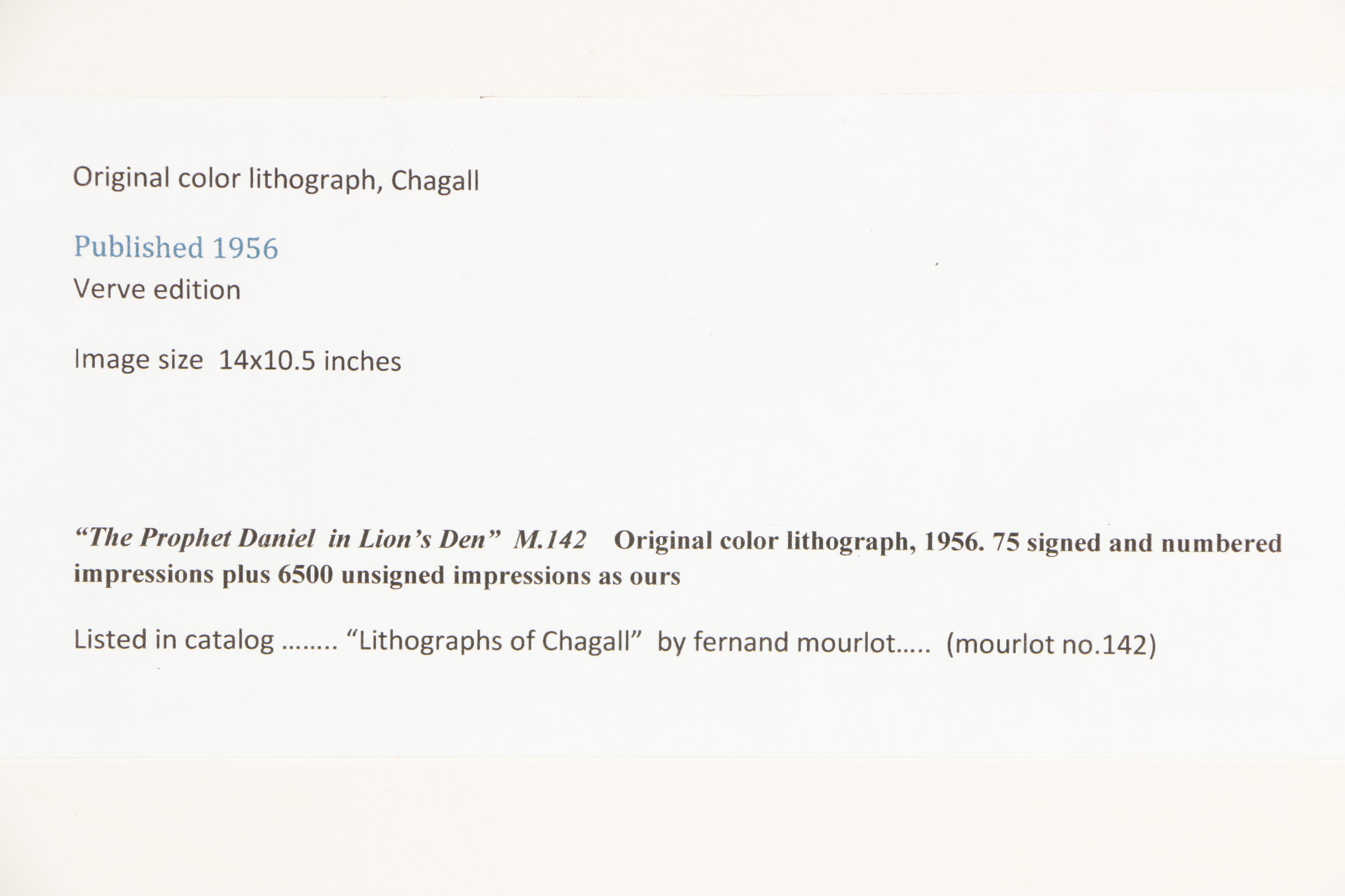 Marc Chagall Color Lithograph "The Prophet Daniel in Lion's Den"