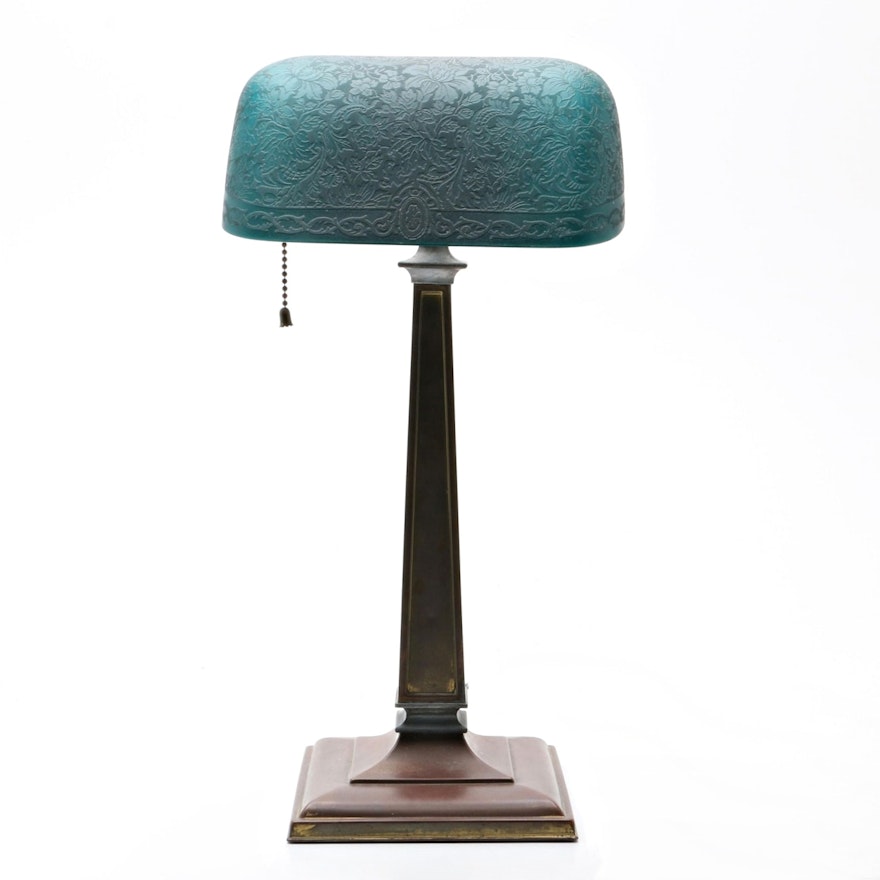 Vintage Emeralite Bankers Desk Lamp with Etched Green Glass Shade
