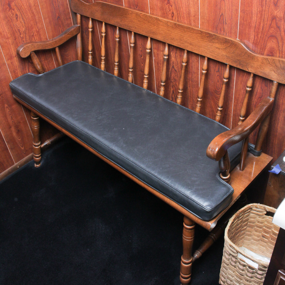 Vintage Wood Deacon's Bench with Leatherette Cushion
