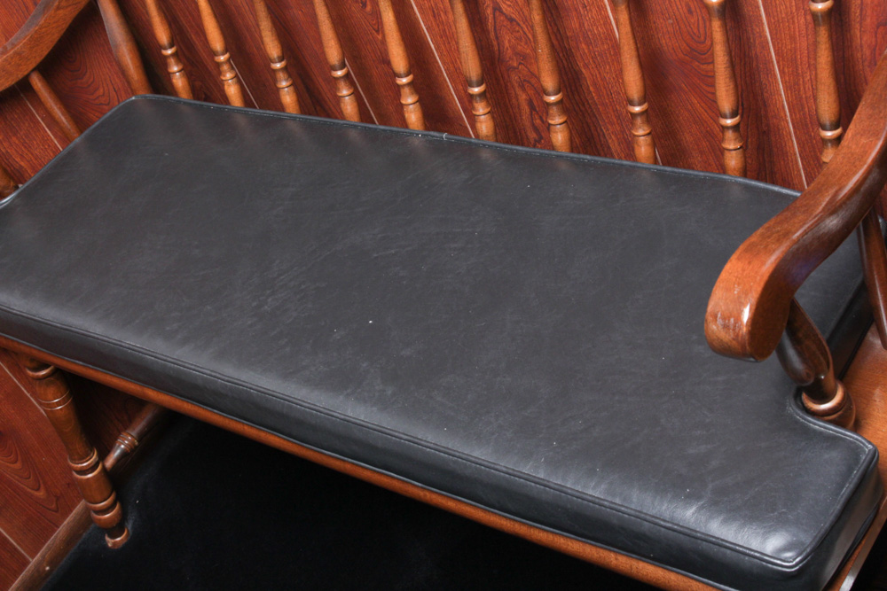 Vintage Wood Deacon's Bench with Leatherette Cushion