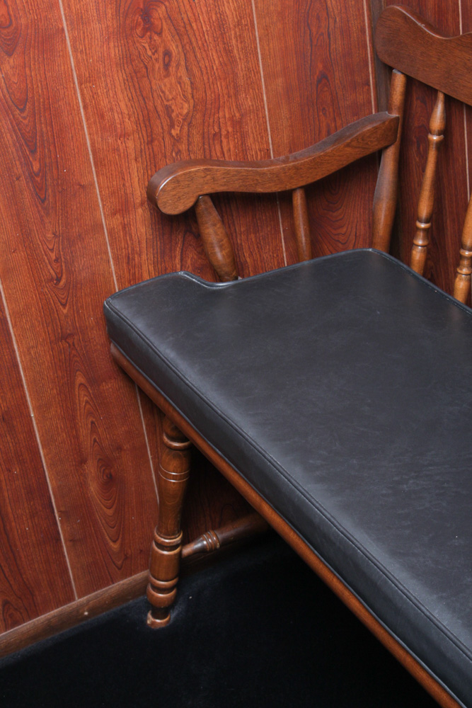 Vintage Wood Deacon's Bench with Leatherette Cushion