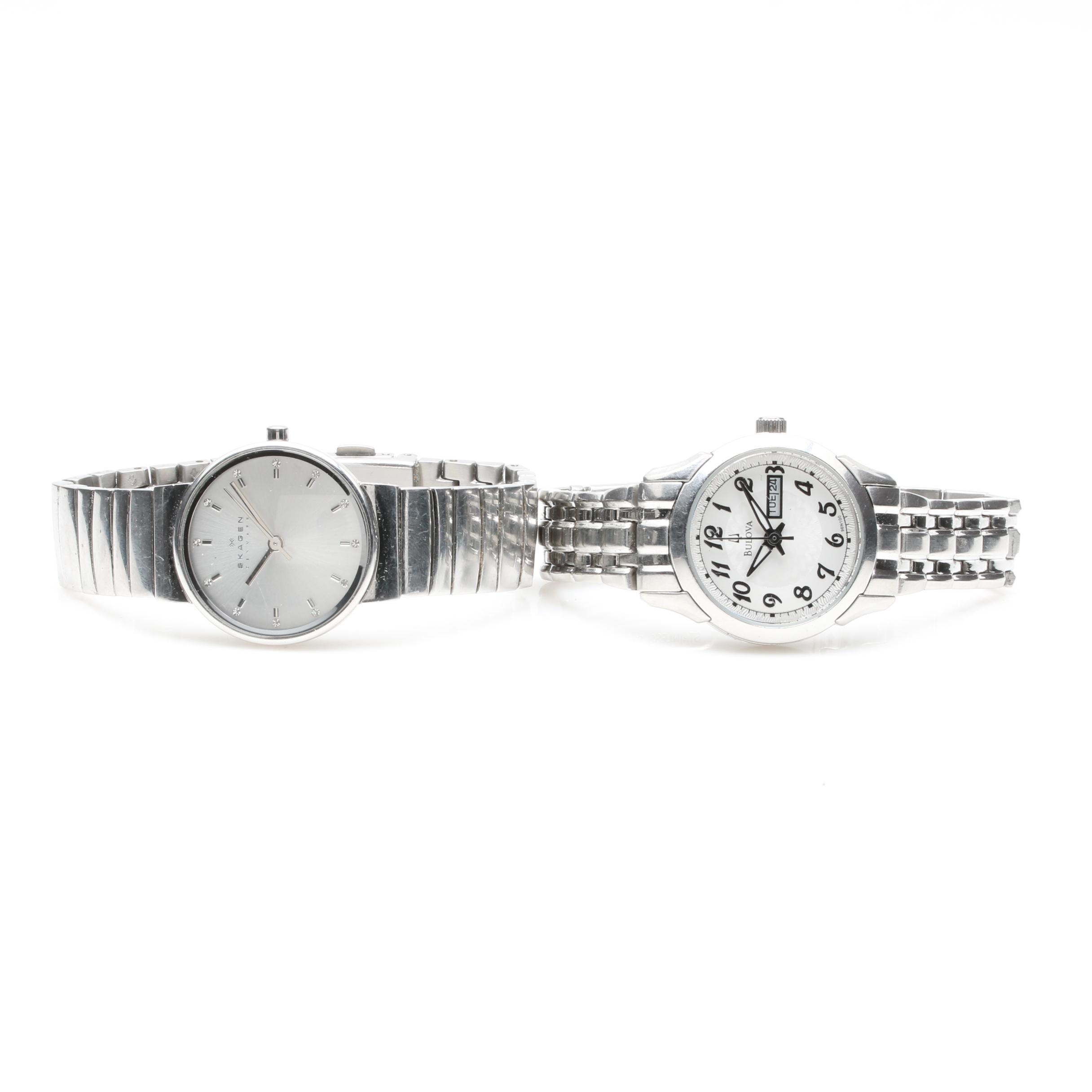 Stainless Steel Analog Watches Including Skagen and Bulova