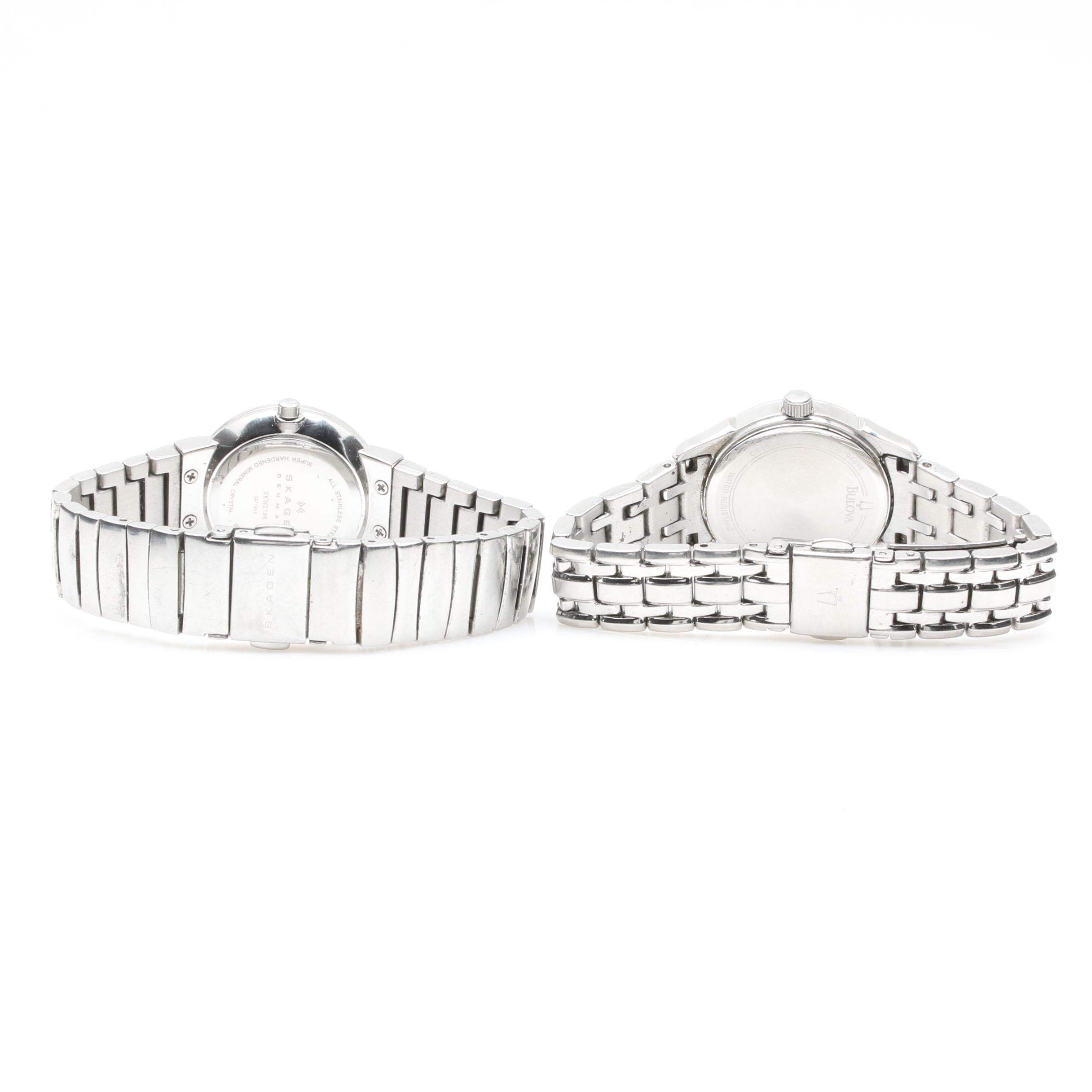 Stainless Steel Analog Watches Including Skagen and Bulova