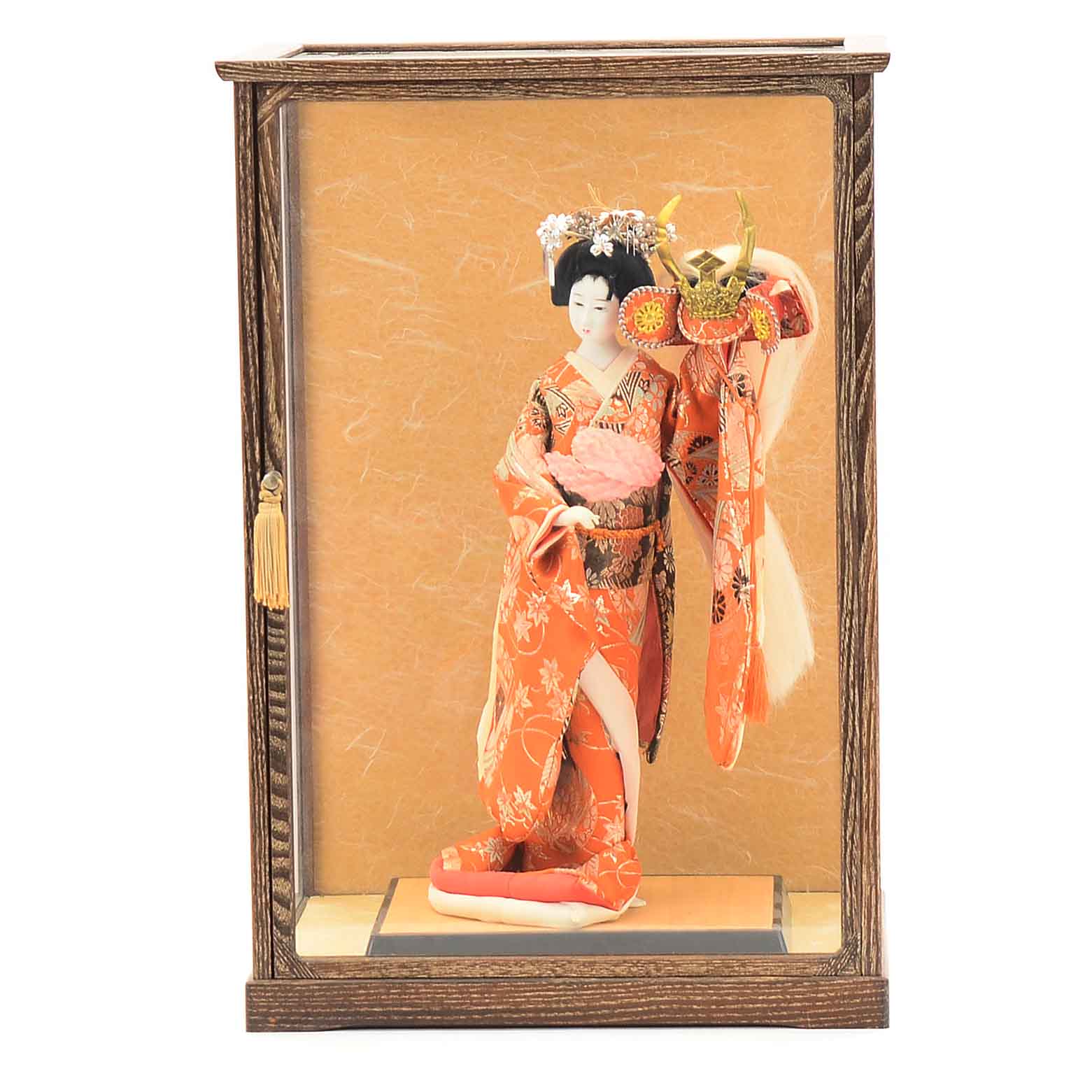 Japanese Female Figure with a Samurai Helmet and Glass Display Case
