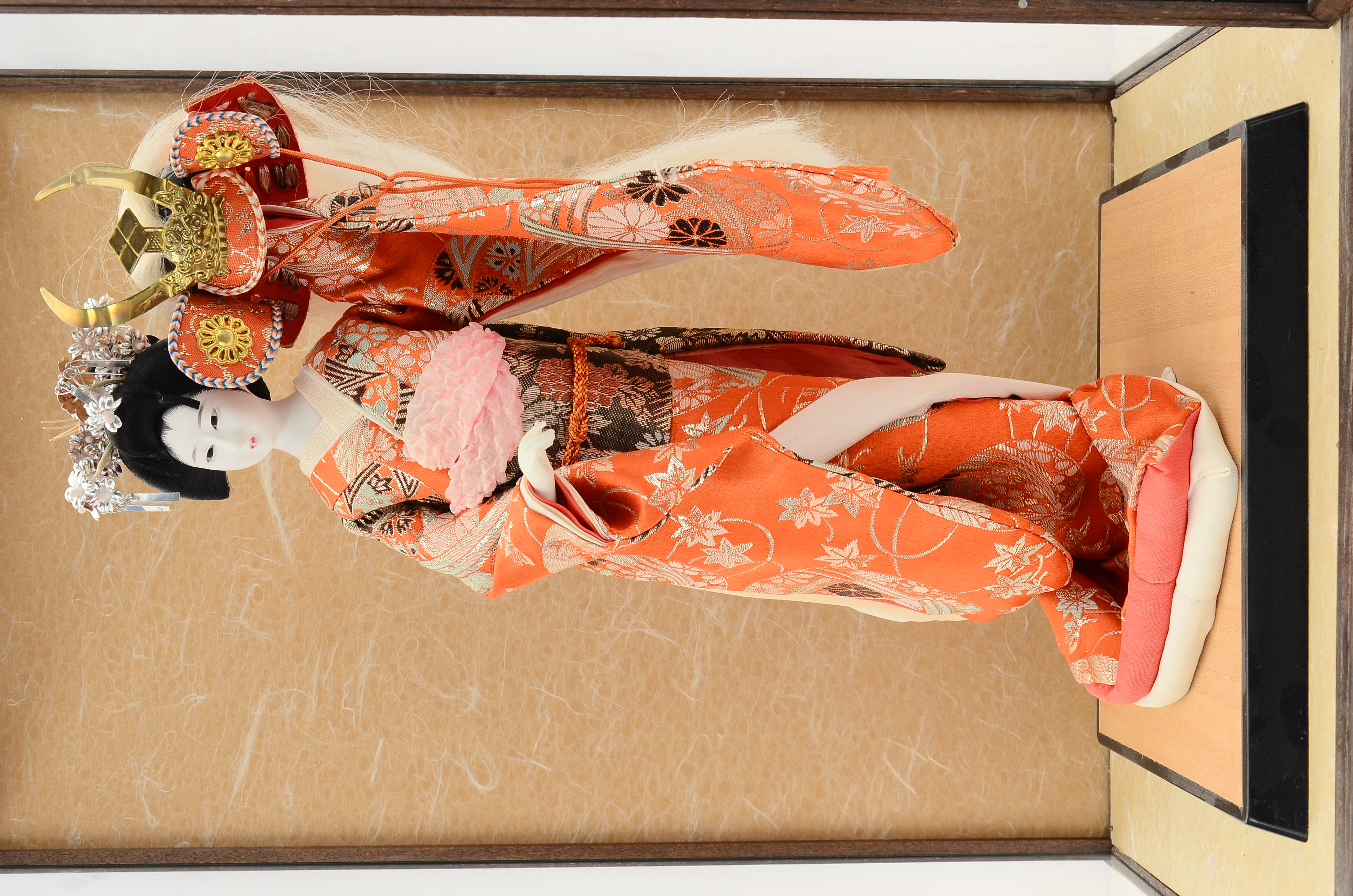 Japanese Female Figure with a Samurai Helmet and Glass Display Case