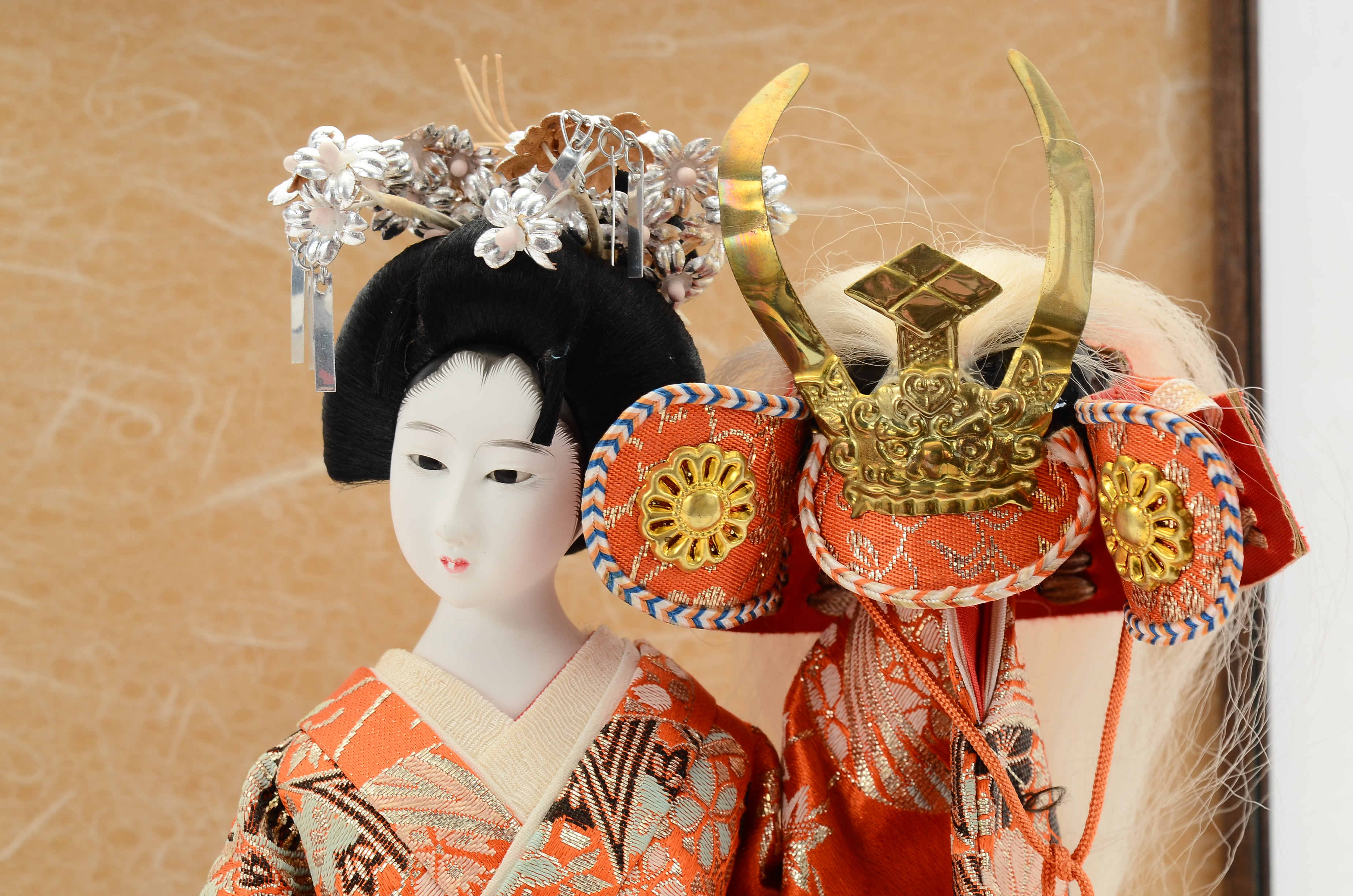 Japanese Female Figure with a Samurai Helmet and Glass Display Case