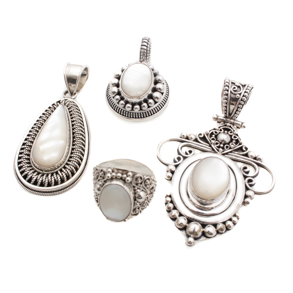 Suarti Bali Sterling Silver Mother of Pearl Pendants and Ring