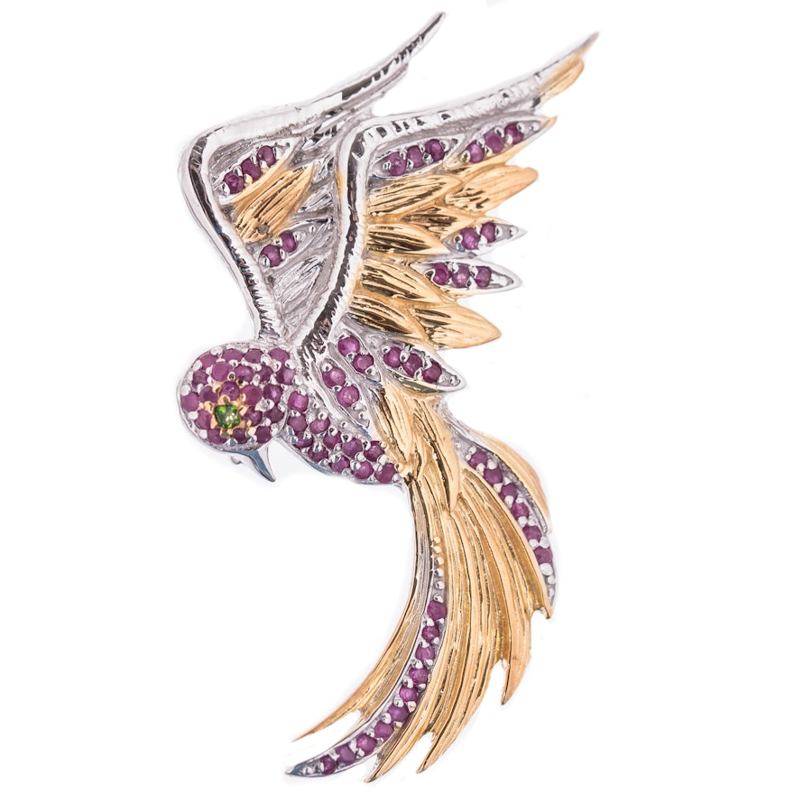 Sterling Silver 2.45 CTW Ruby and Peridot Bird of Paradise Brooch