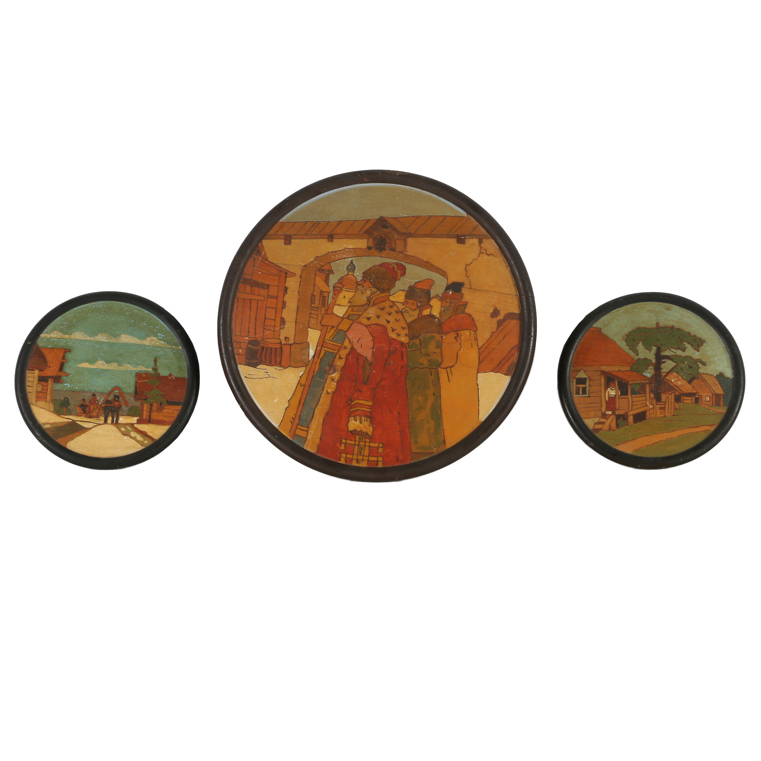 Three Russian Folk Art Carved and Painted Figurative Scenes