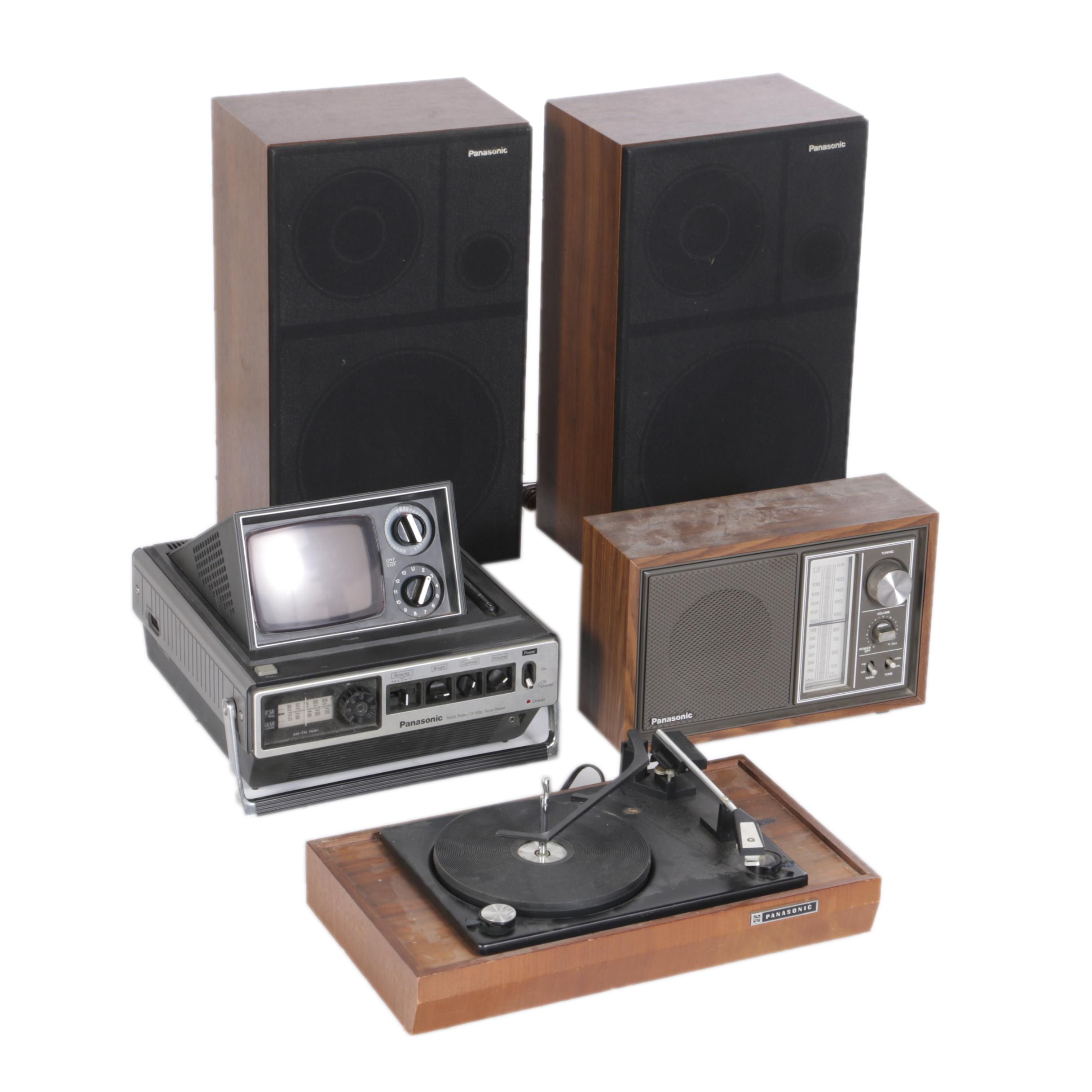 Vintage Panasonic Turntable, Television, Speakers, and Radio Tuners