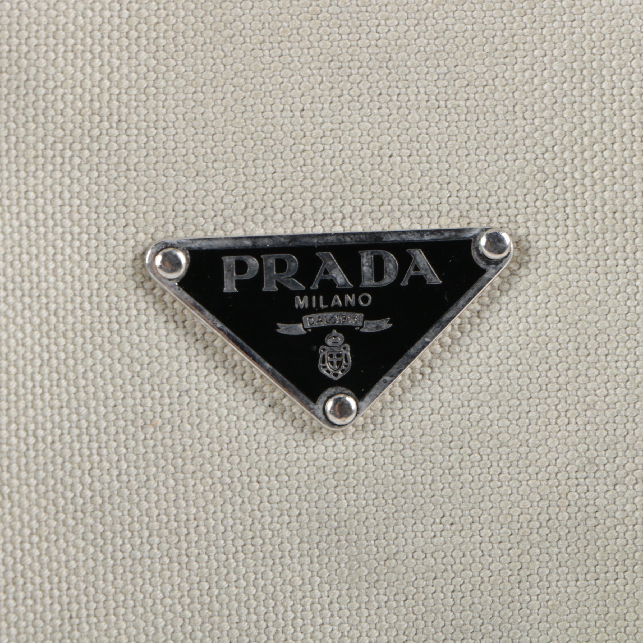 Prada Beige Canvas and Black Leather Handbag