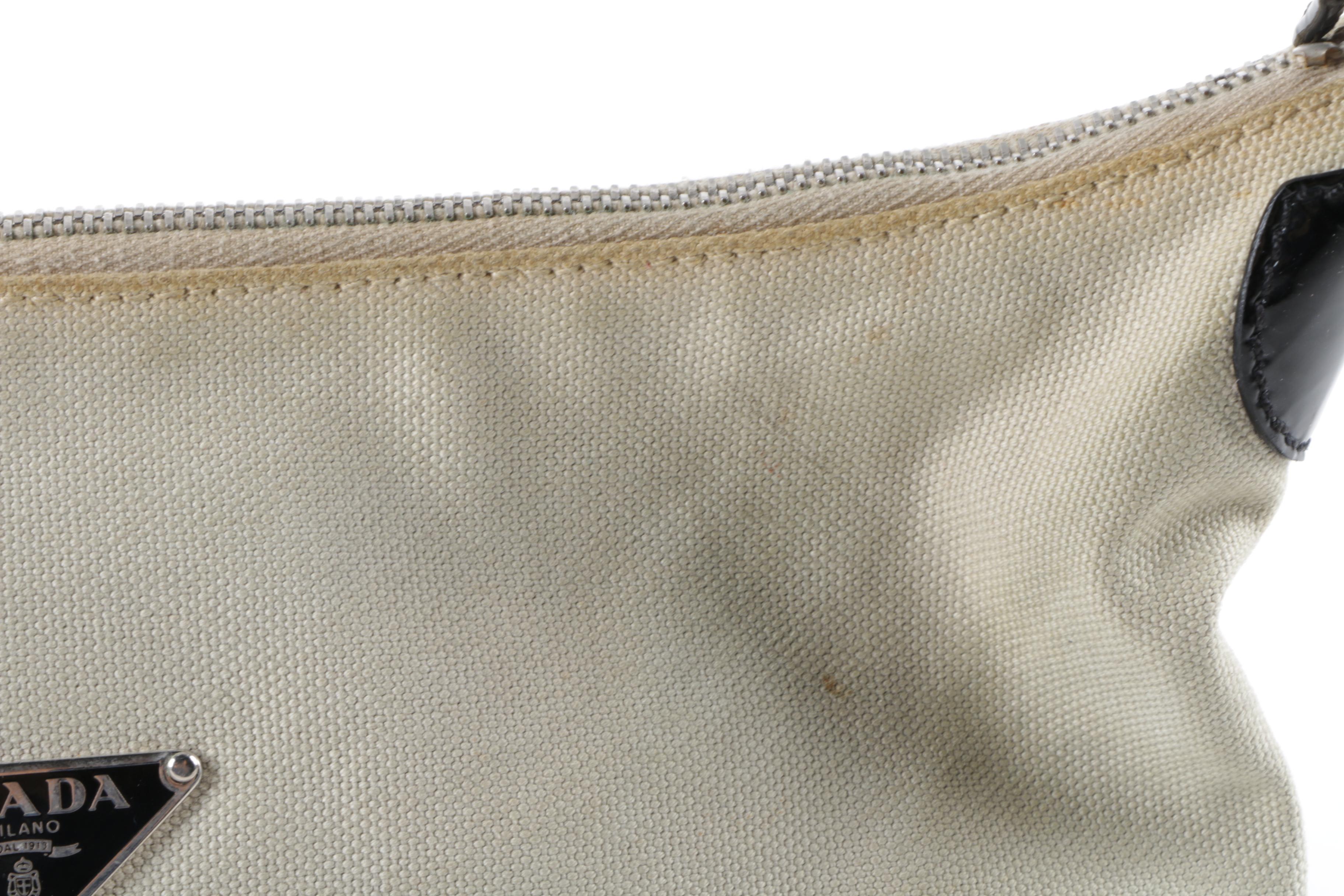 Prada Beige Canvas and Black Leather Handbag