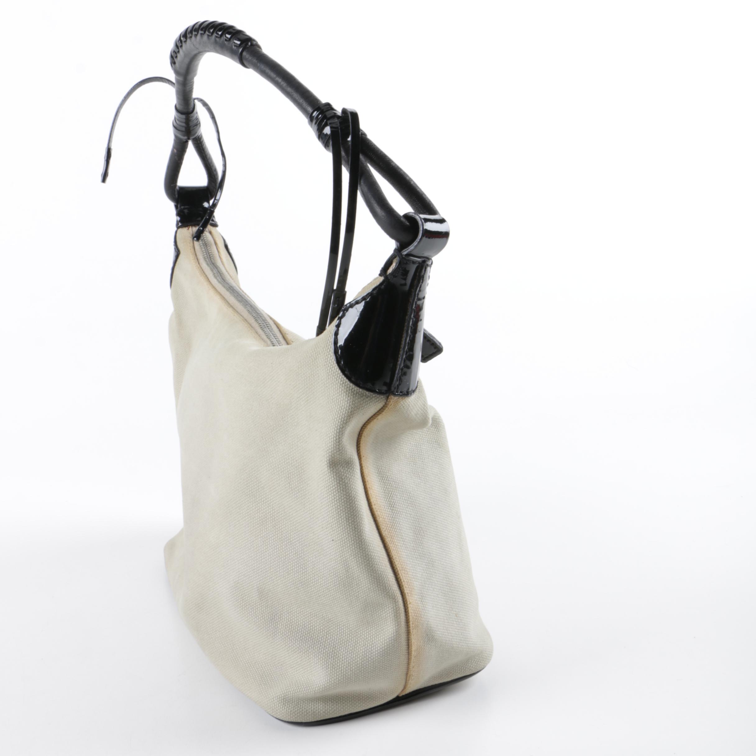 Prada Beige Canvas and Black Leather Handbag