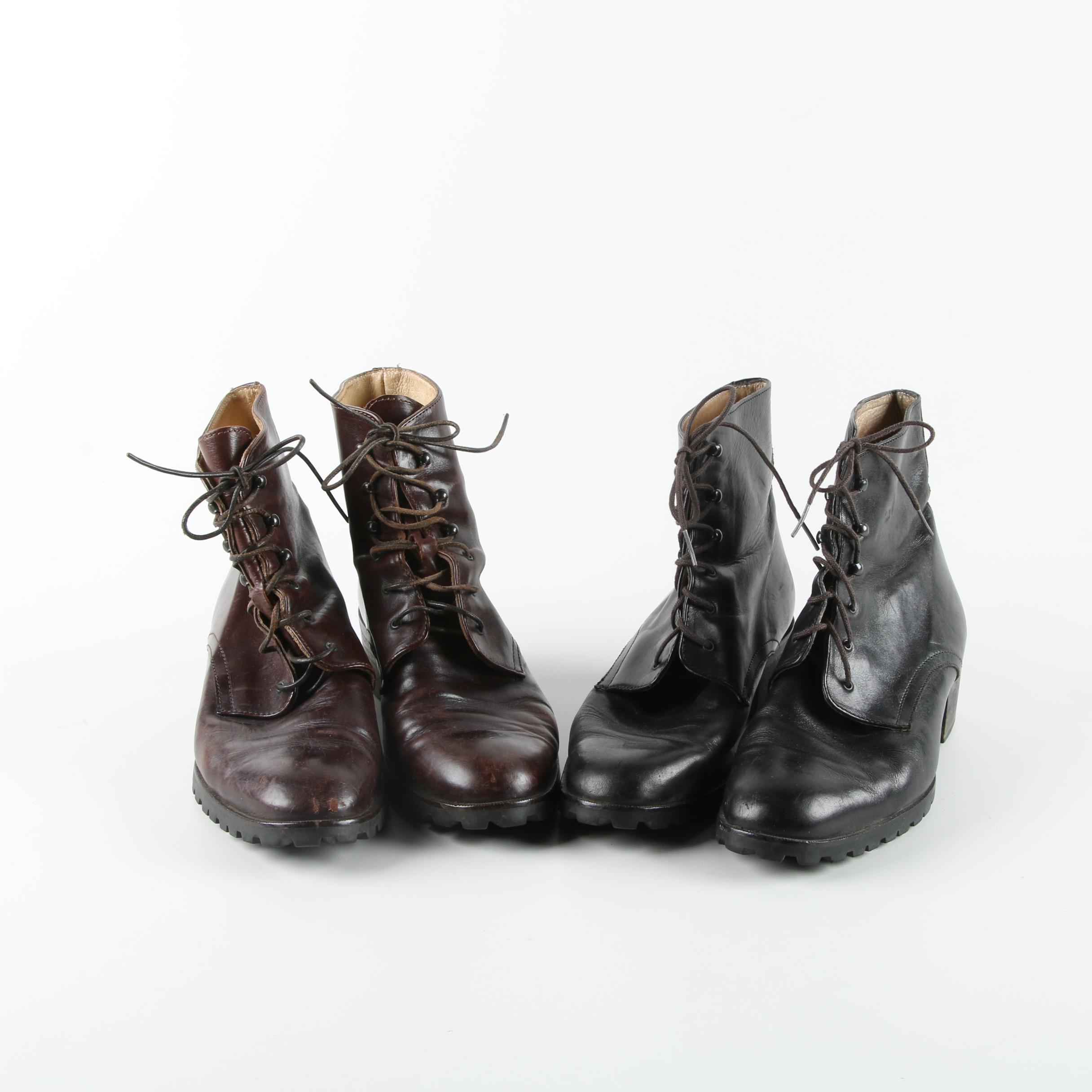 Women's Joan & David Black Leather and Brown Leather Lace-Up Boots