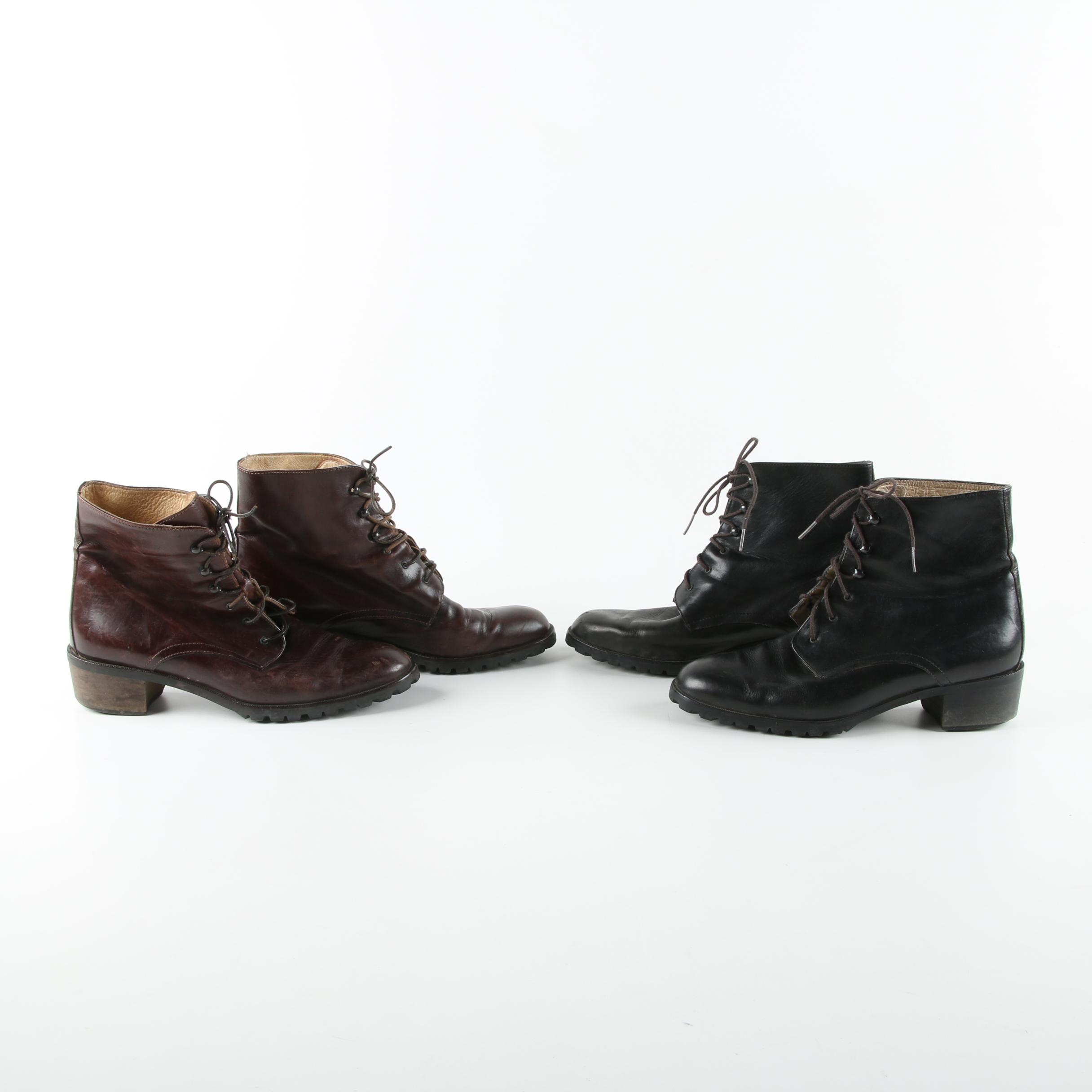 Women's Joan & David Black Leather and Brown Leather Lace-Up Boots