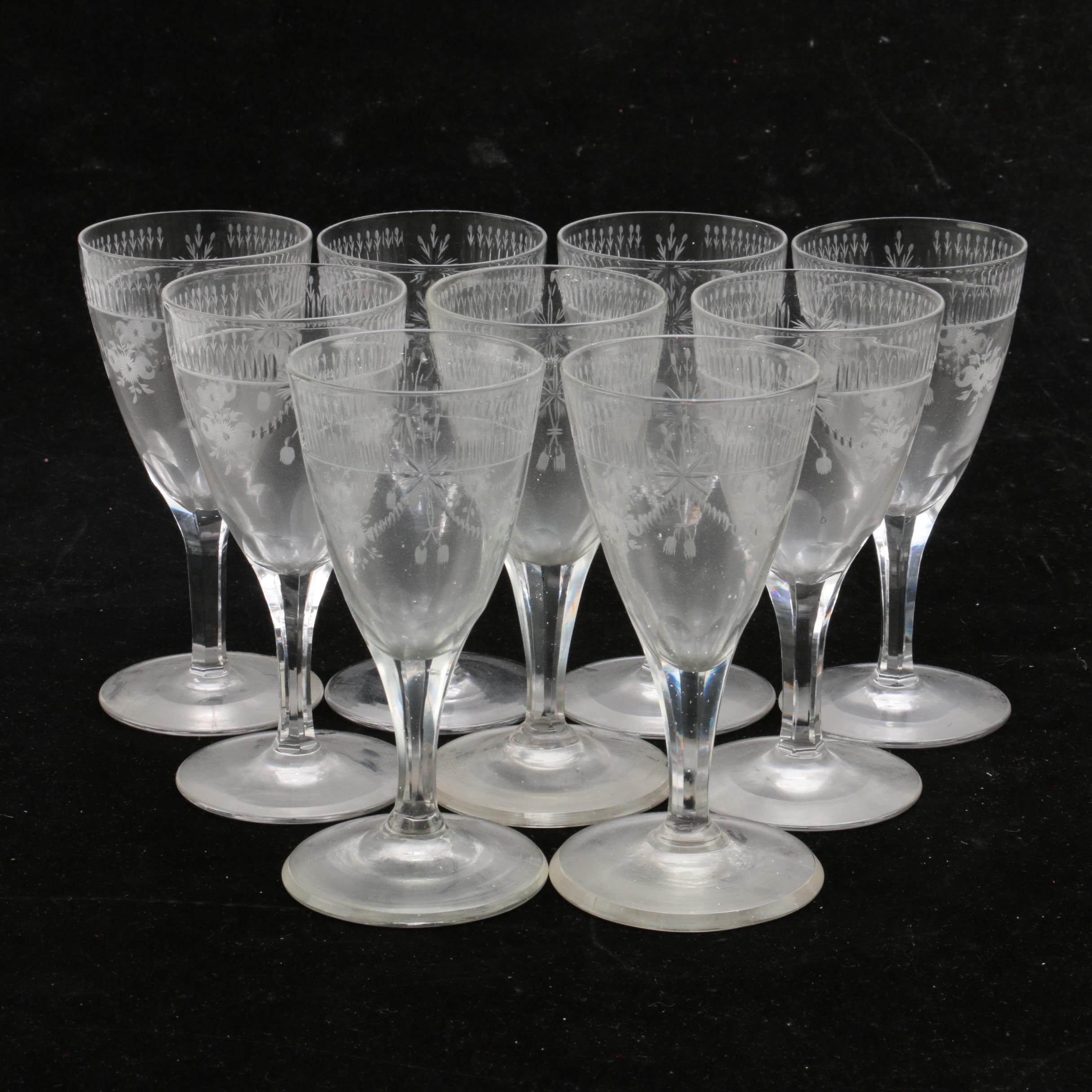 Vintage Floral Etched Crystal Sherry Glasses