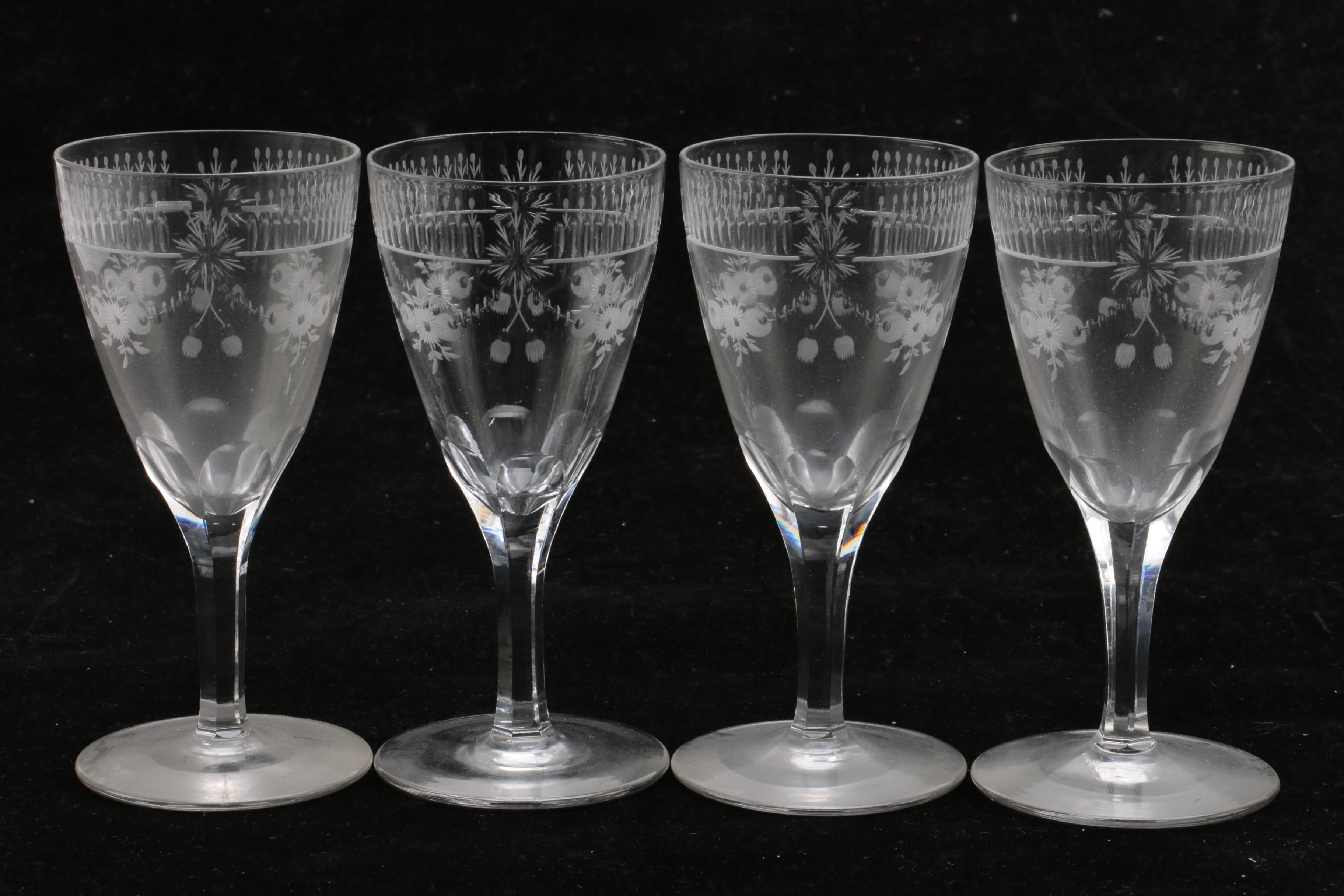Vintage Floral Etched Crystal Sherry Glasses
