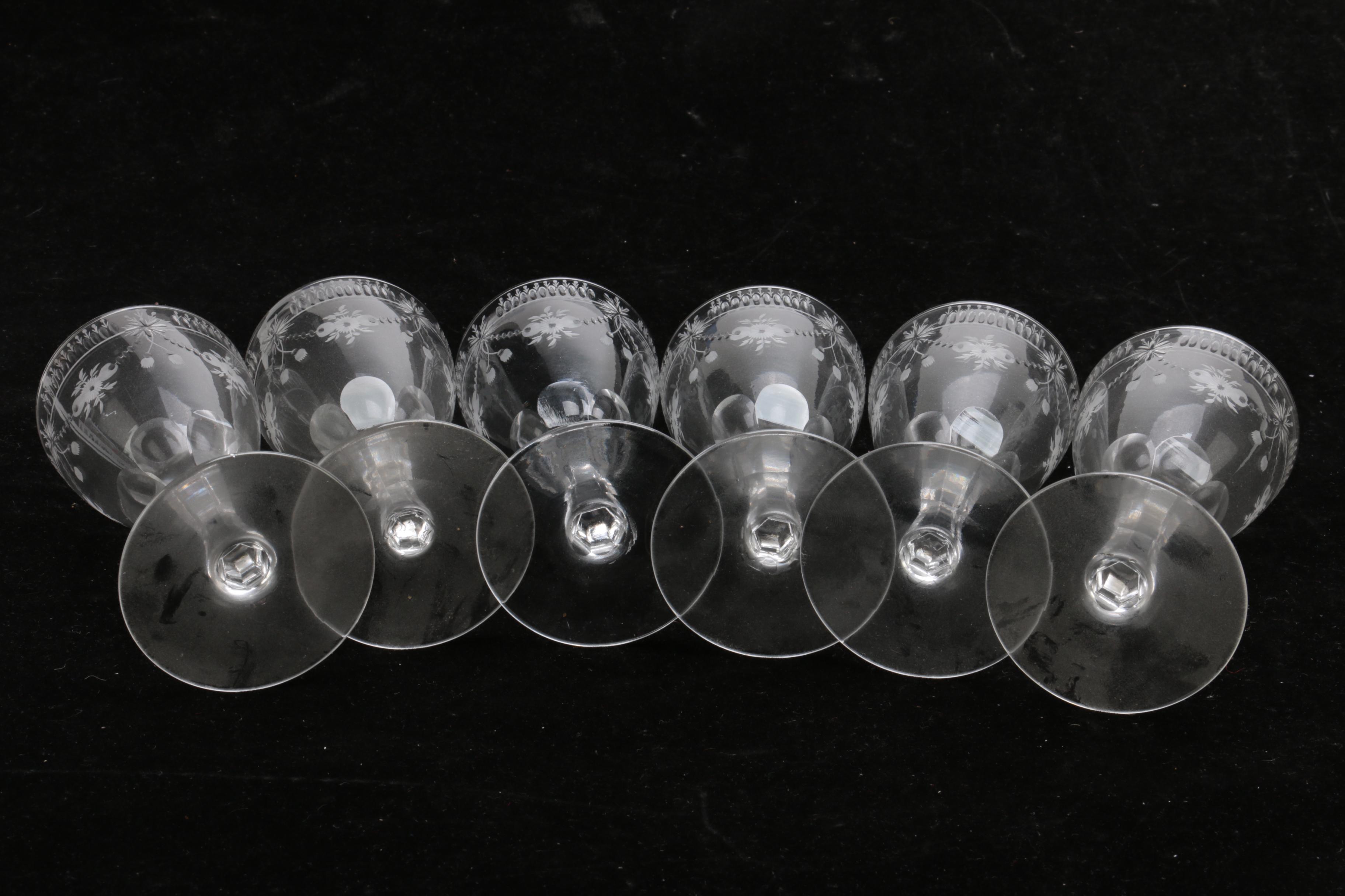 Vintage Floral Etched Crystal Sherry Glasses