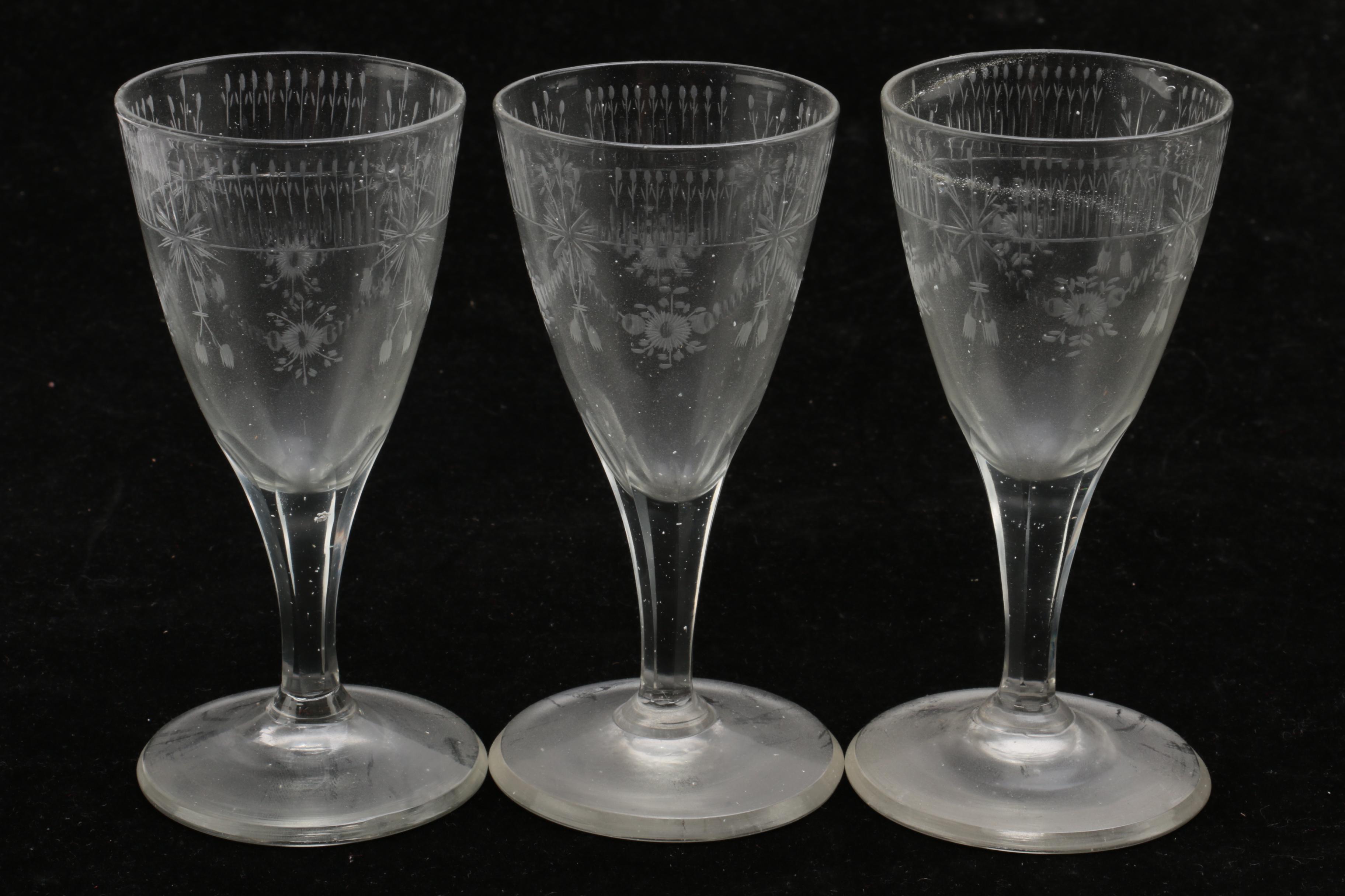 Vintage Floral Etched Crystal Sherry Glasses