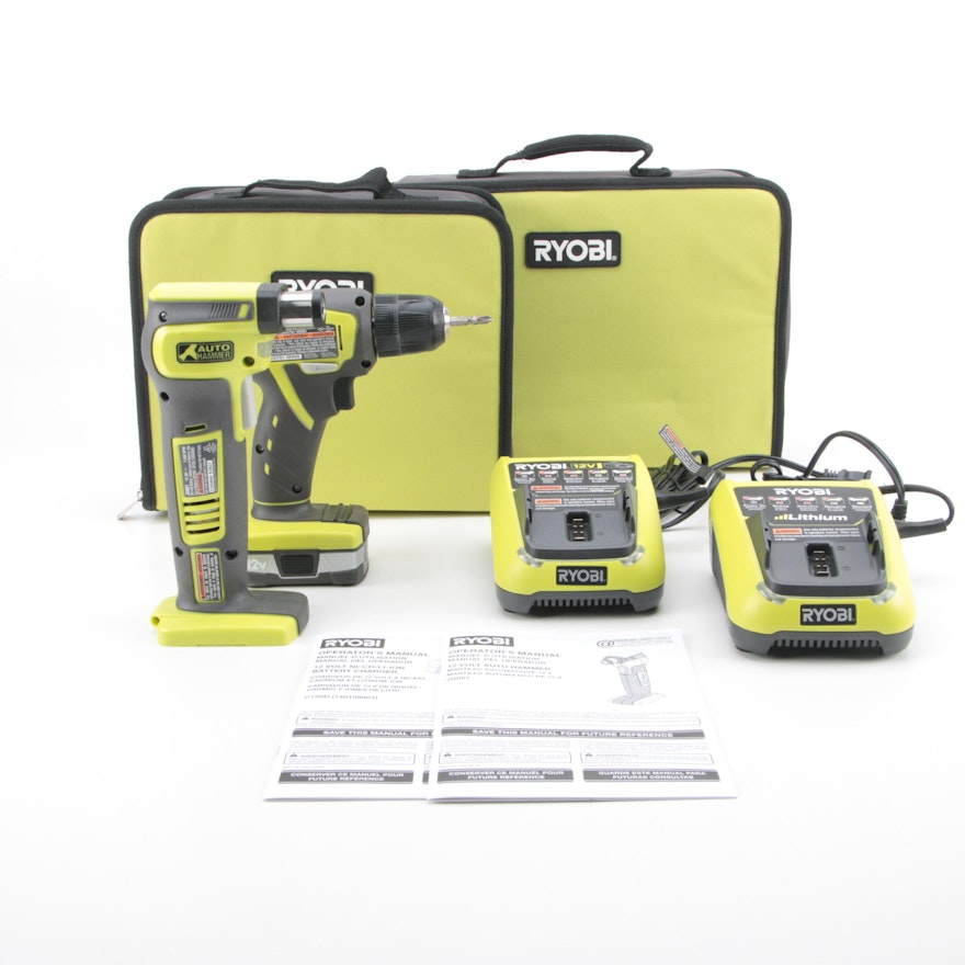 Ryobi Cordless Drill and Auto Hammer with Lithium Batteries and Carrying Cases