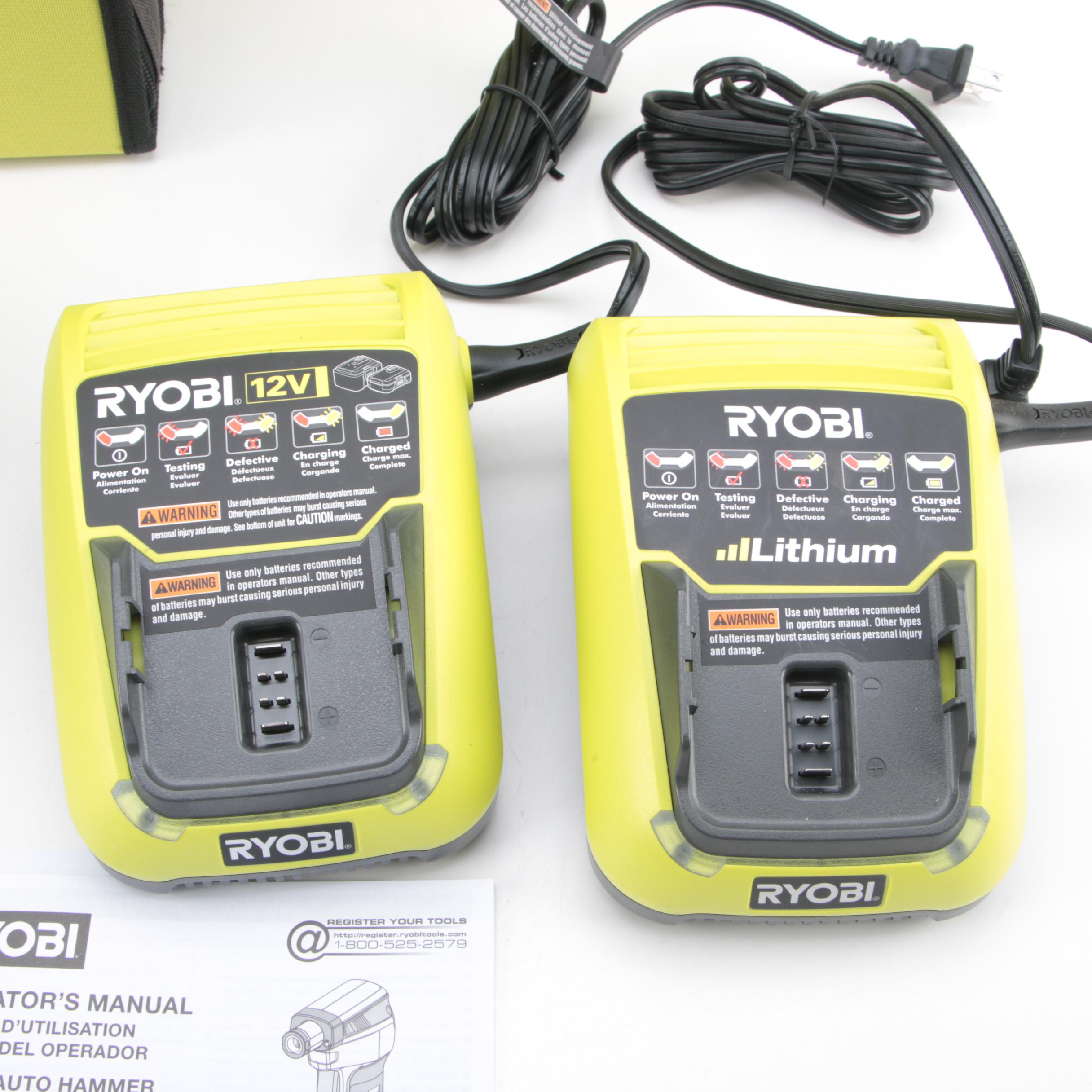 Ryobi Cordless Drill and Auto Hammer with Lithium Batteries and Carrying Cases