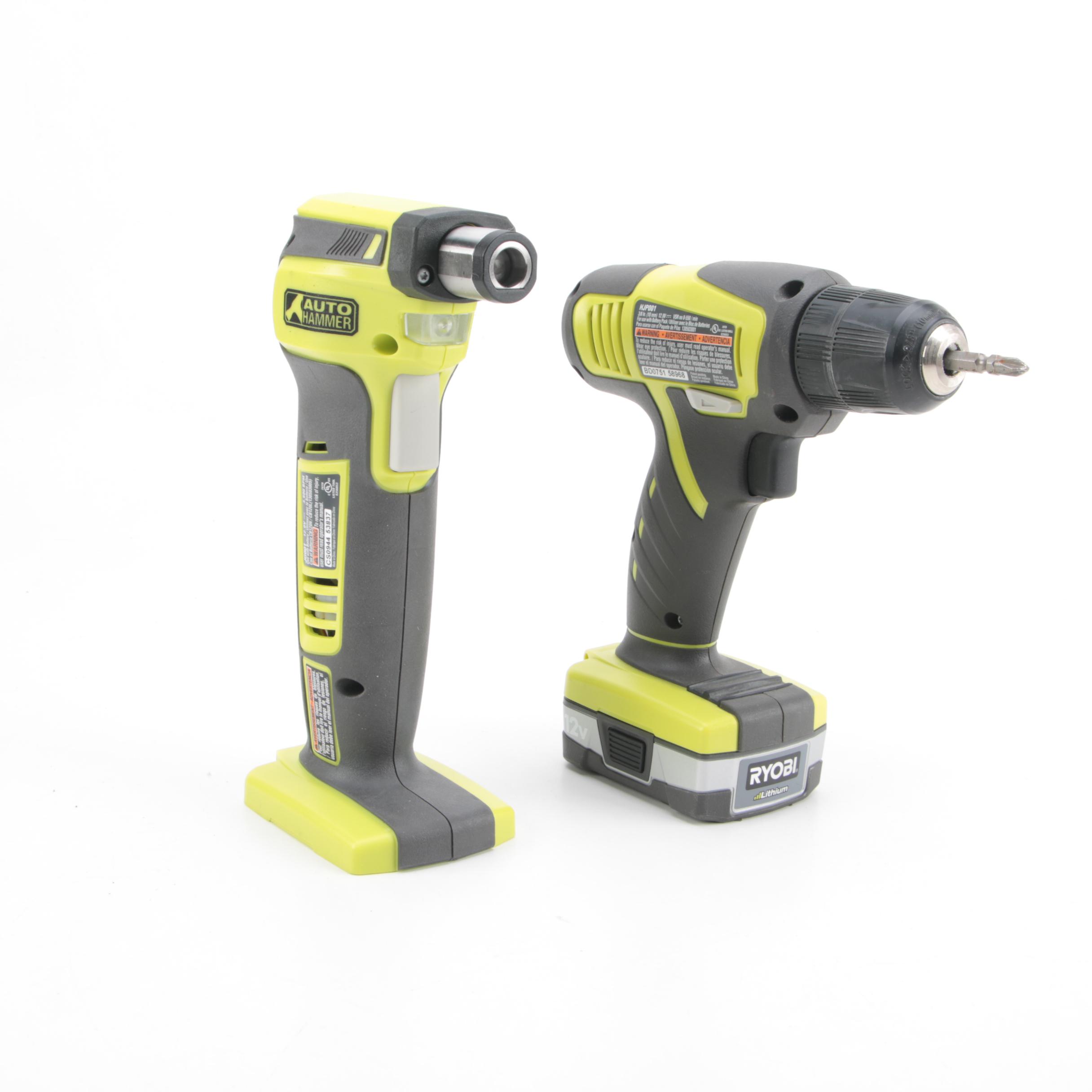 Ryobi Cordless Drill and Auto Hammer with Lithium Batteries and Carrying Cases