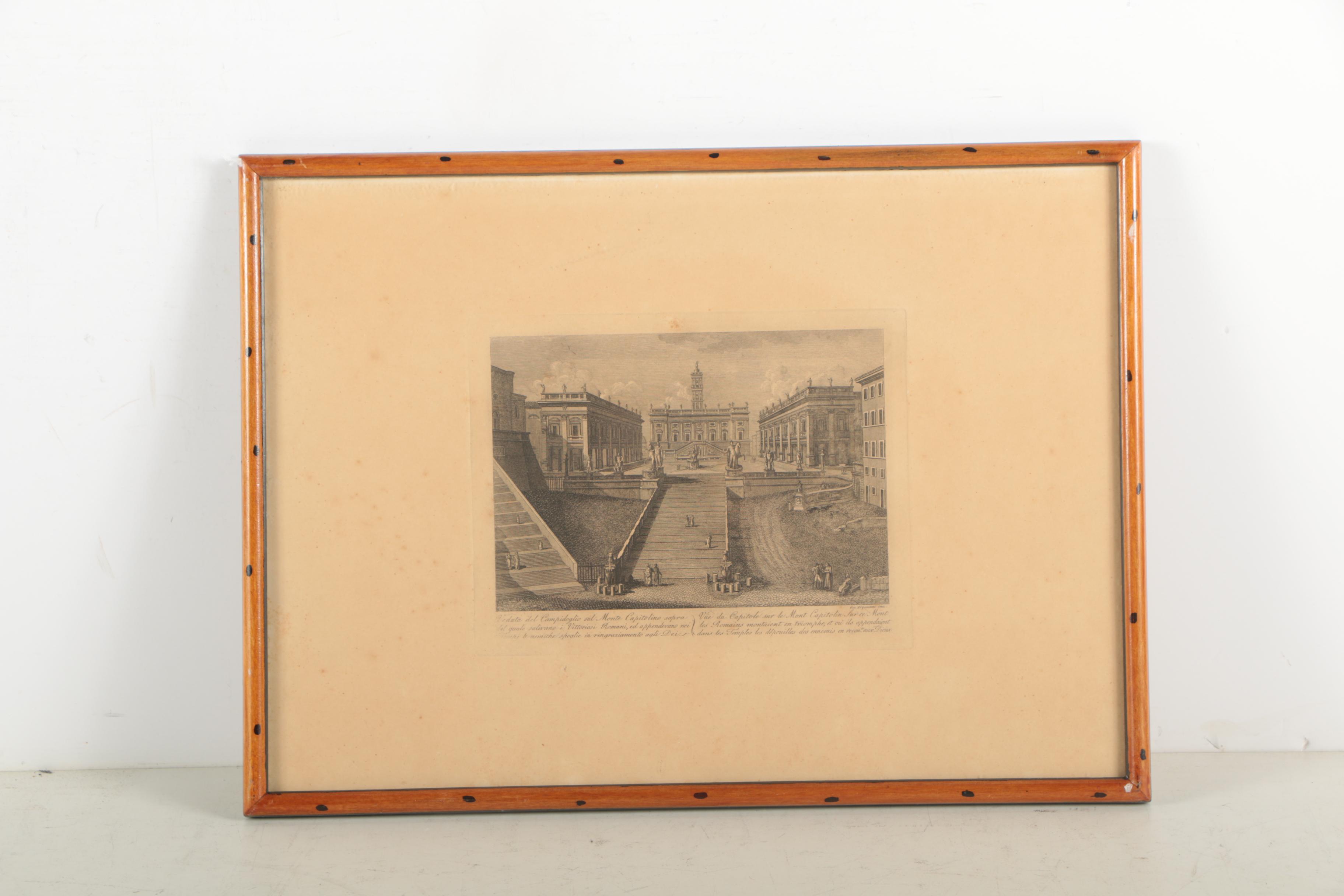 Engravings After Acquaroni of the Column of Marcus Aurelius and Capitoline Hill