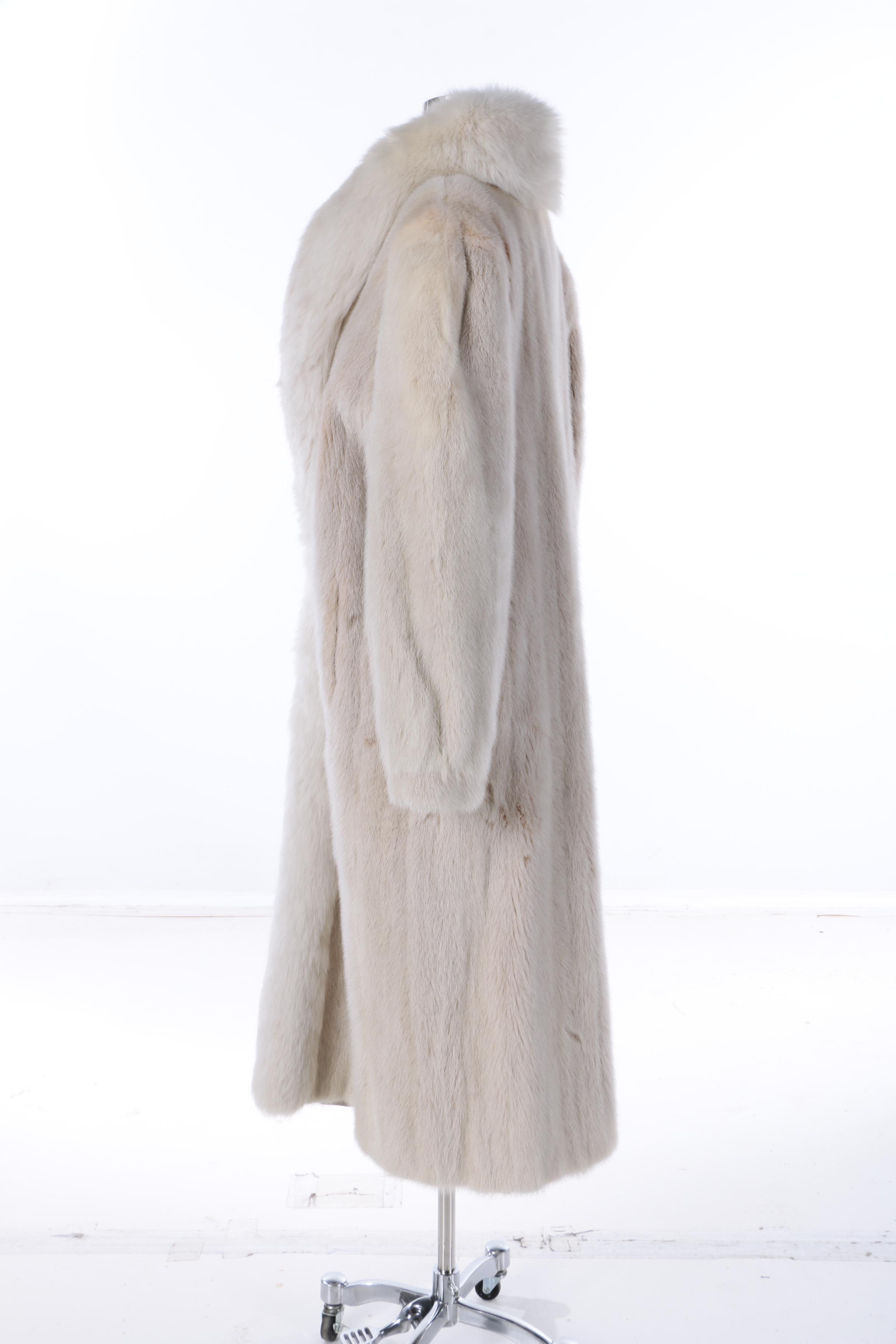 Women's Reversible Platinum Mink Fur Coat with Fox Fur Tuxedo Collar