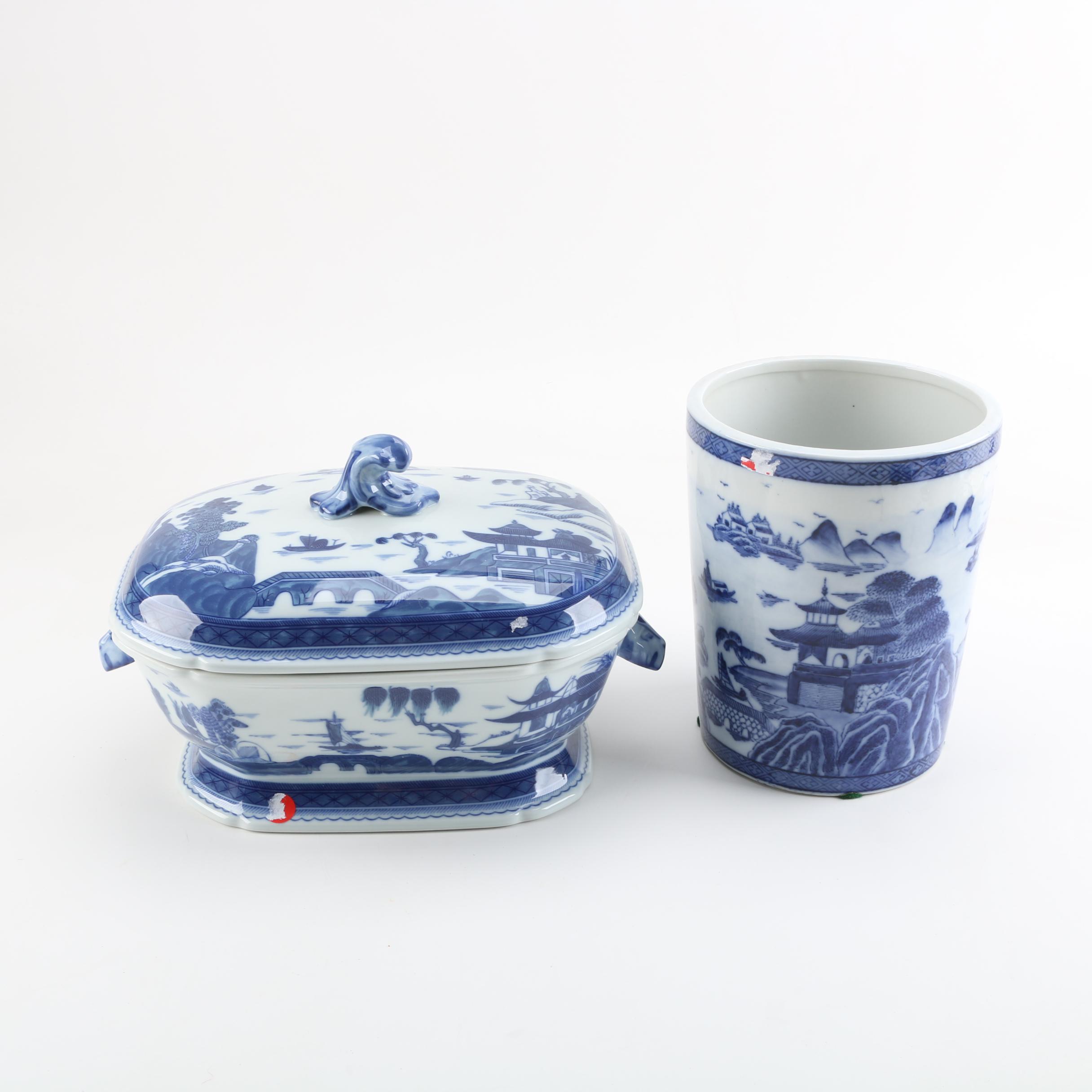 Mottahedeh "Blue Canton" Octagonal Lidded Tureen and Vase