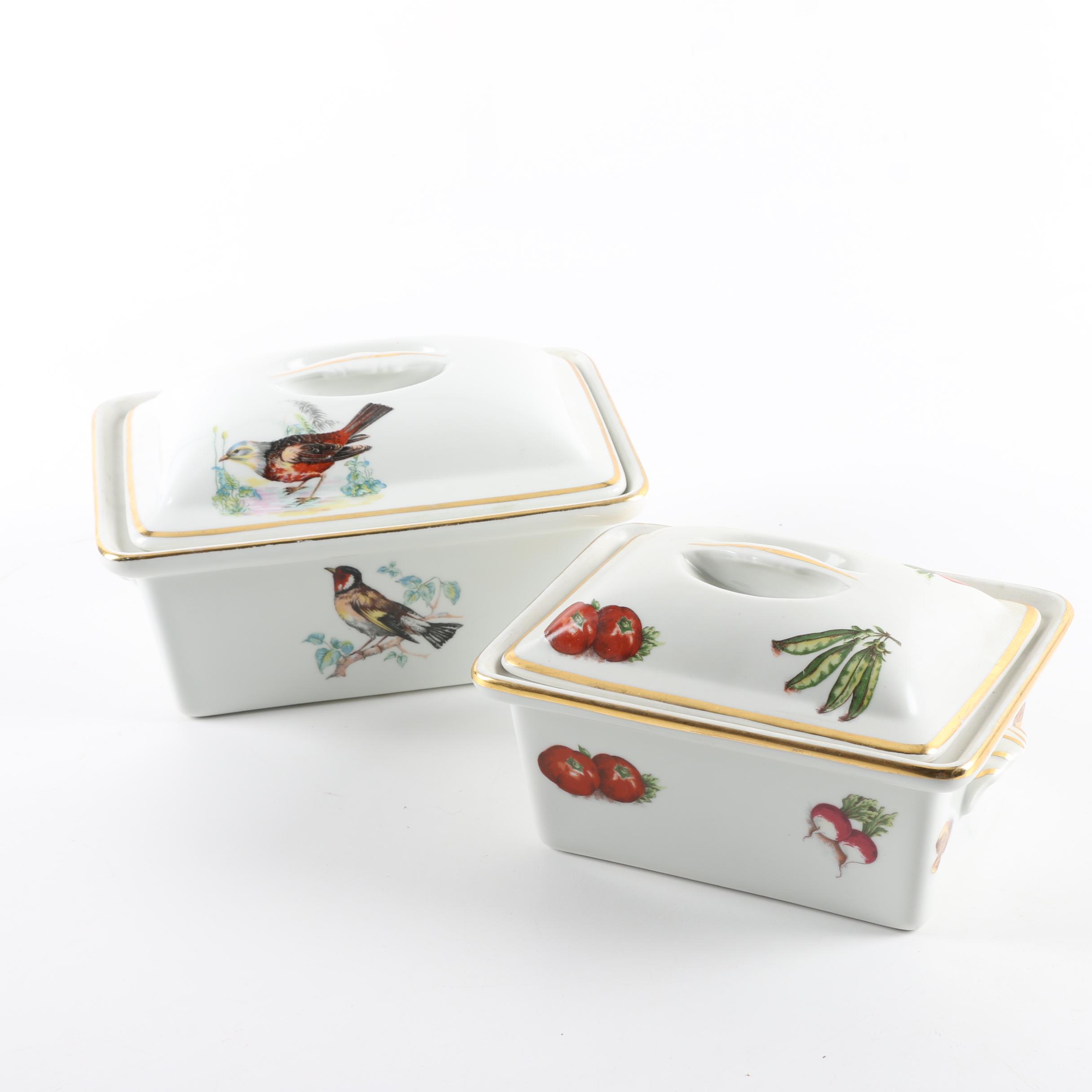 French Pilllivuyt Porcelain Baking Dishes with Birds and Vegetables