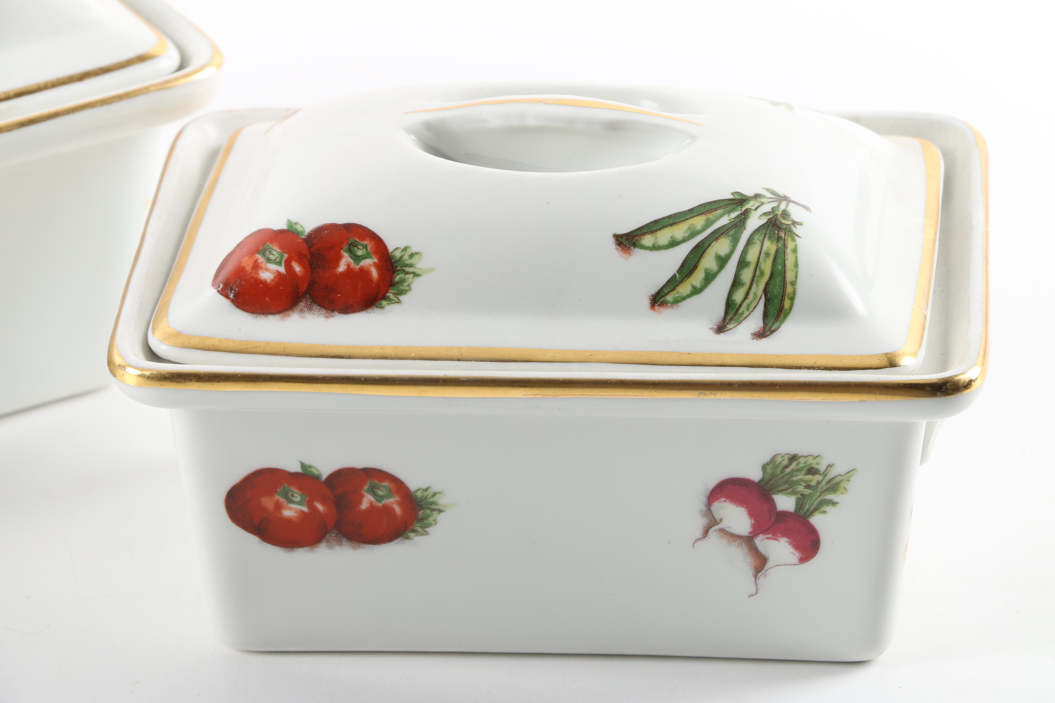 French Pilllivuyt Porcelain Baking Dishes with Birds and Vegetables