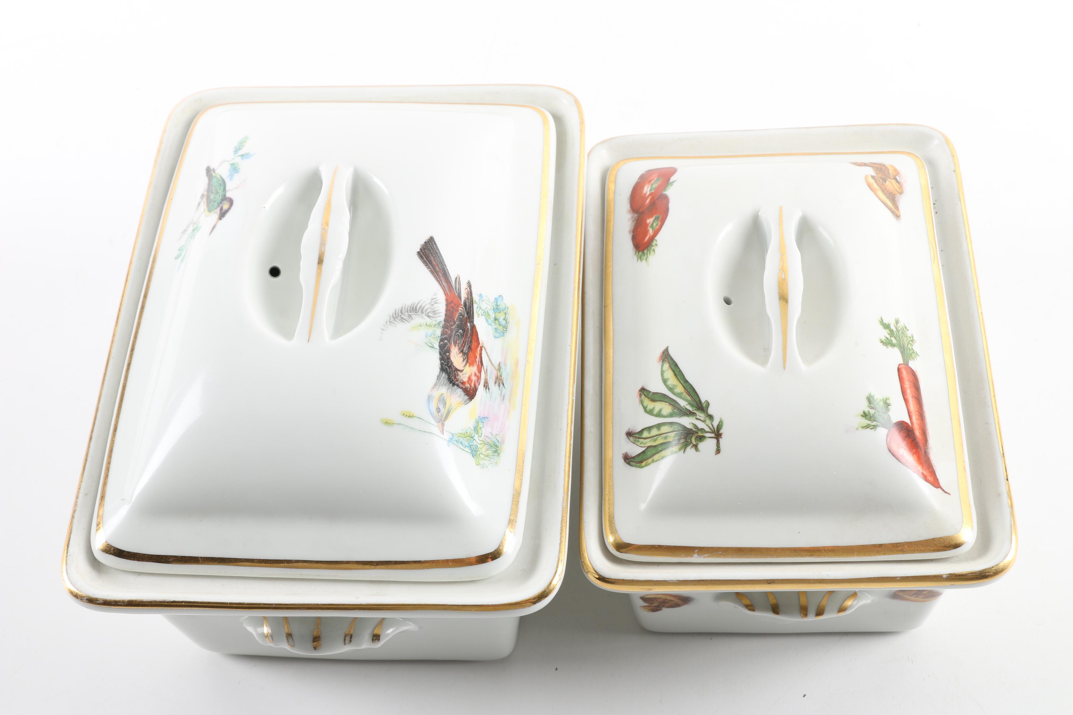 French Pilllivuyt Porcelain Baking Dishes with Birds and Vegetables