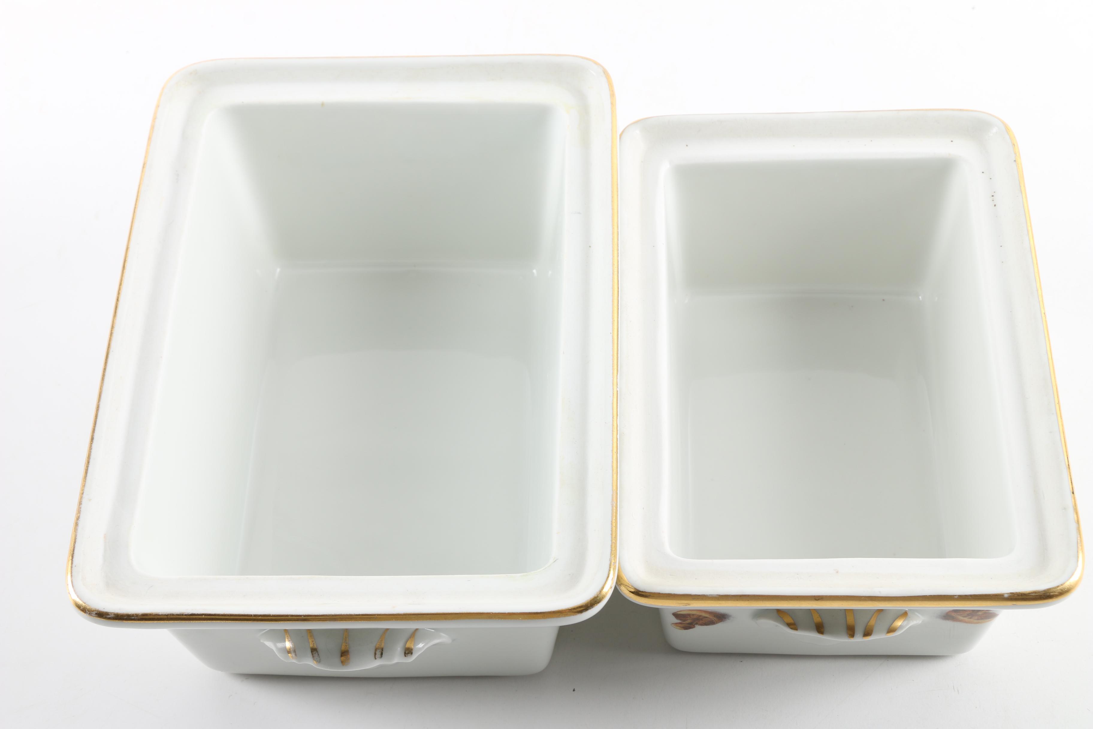 French Pilllivuyt Porcelain Baking Dishes with Birds and Vegetables