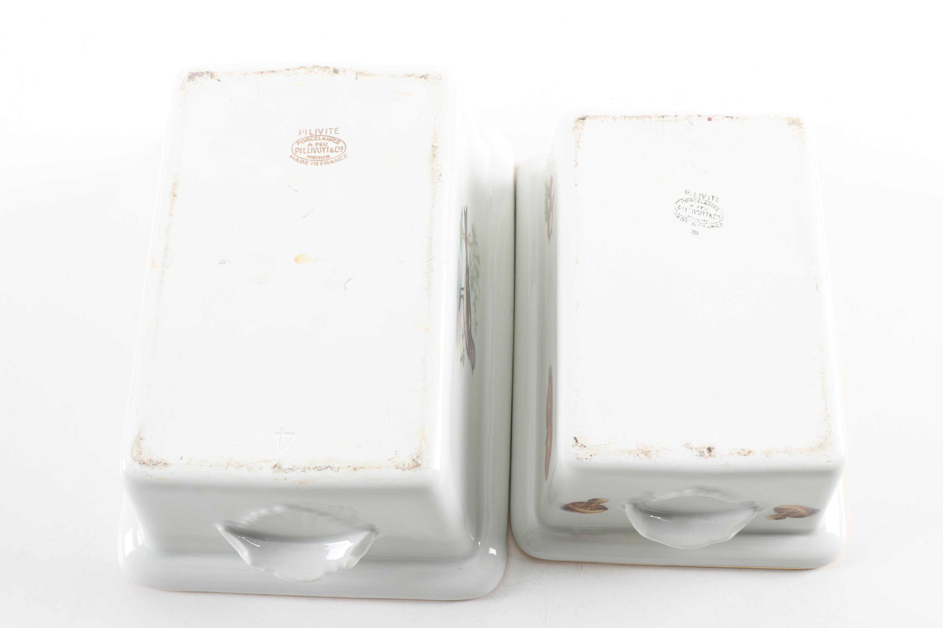 French Pilllivuyt Porcelain Baking Dishes with Birds and Vegetables