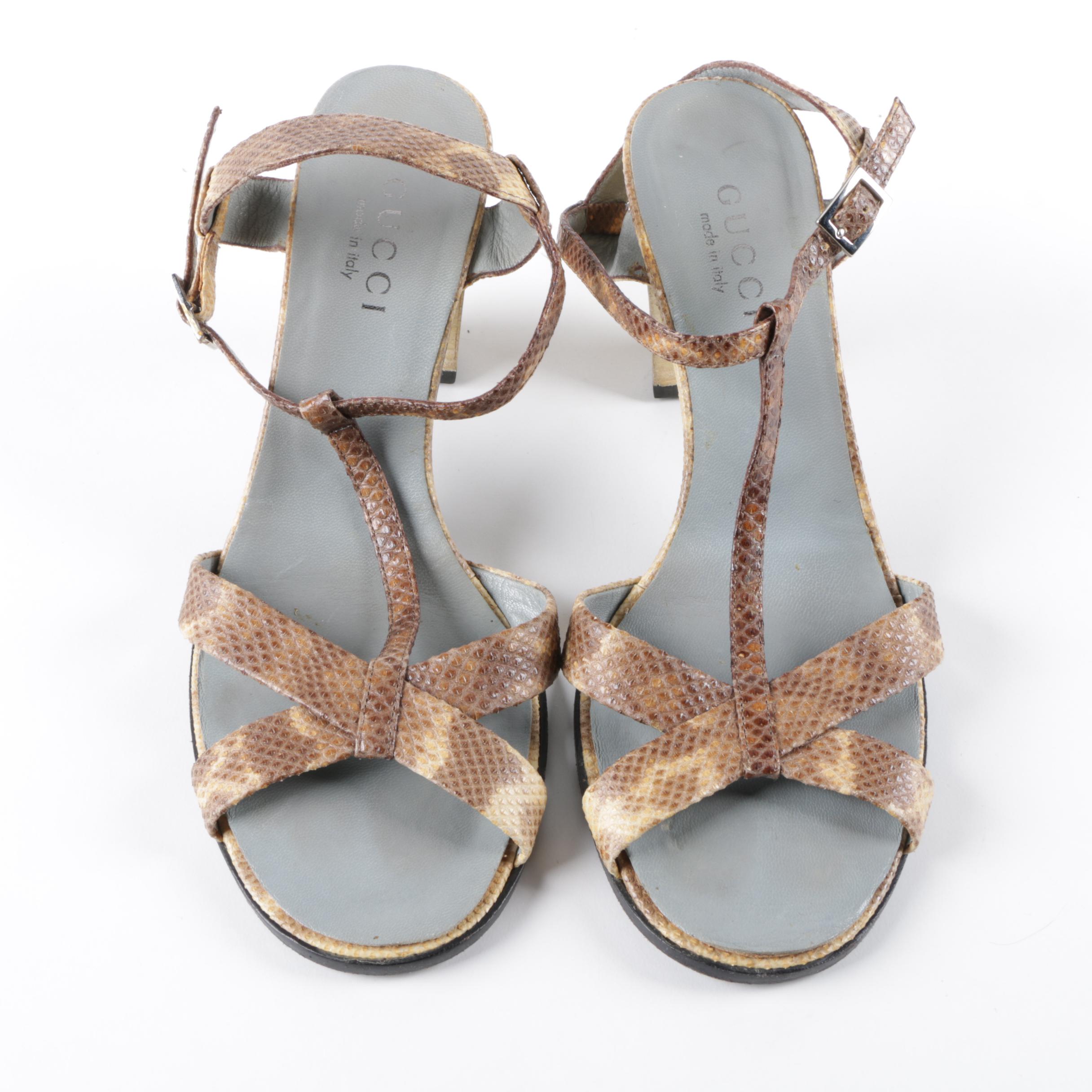 Gucci Lizard Skin Leather Block Heel Sandals, Made in Italy