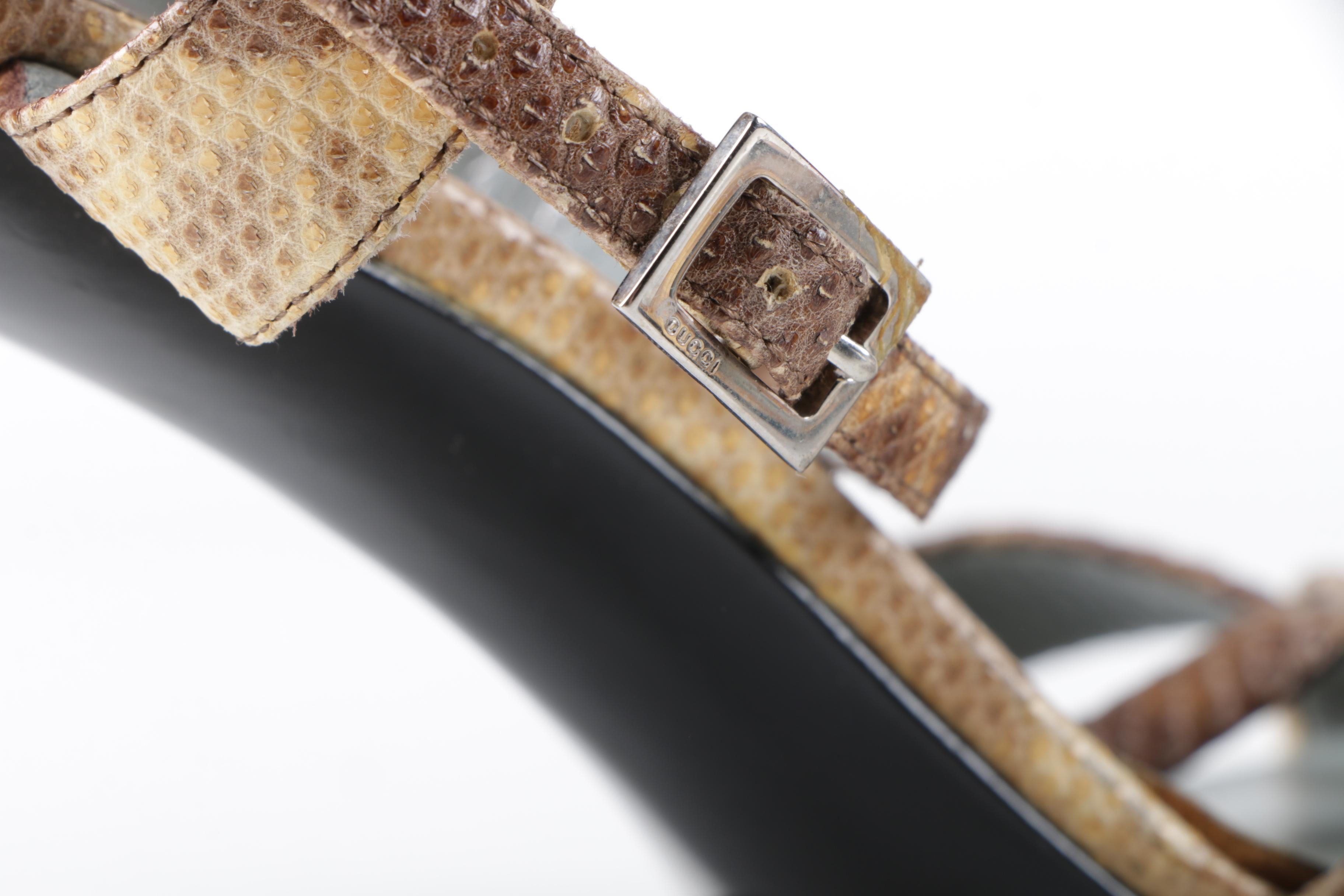 Gucci Lizard Skin Leather Block Heel Sandals, Made in Italy