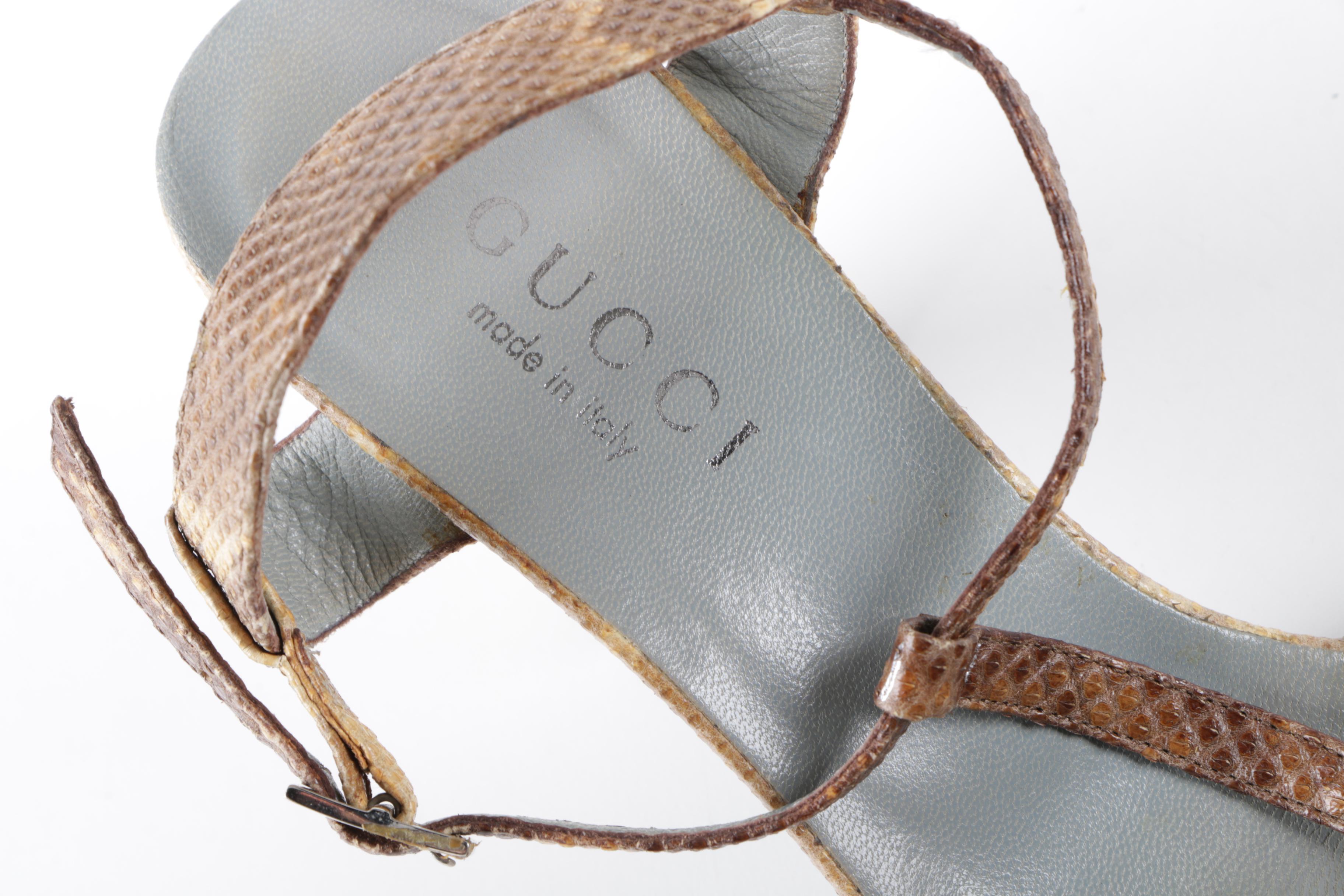 Gucci Lizard Skin Leather Block Heel Sandals, Made in Italy