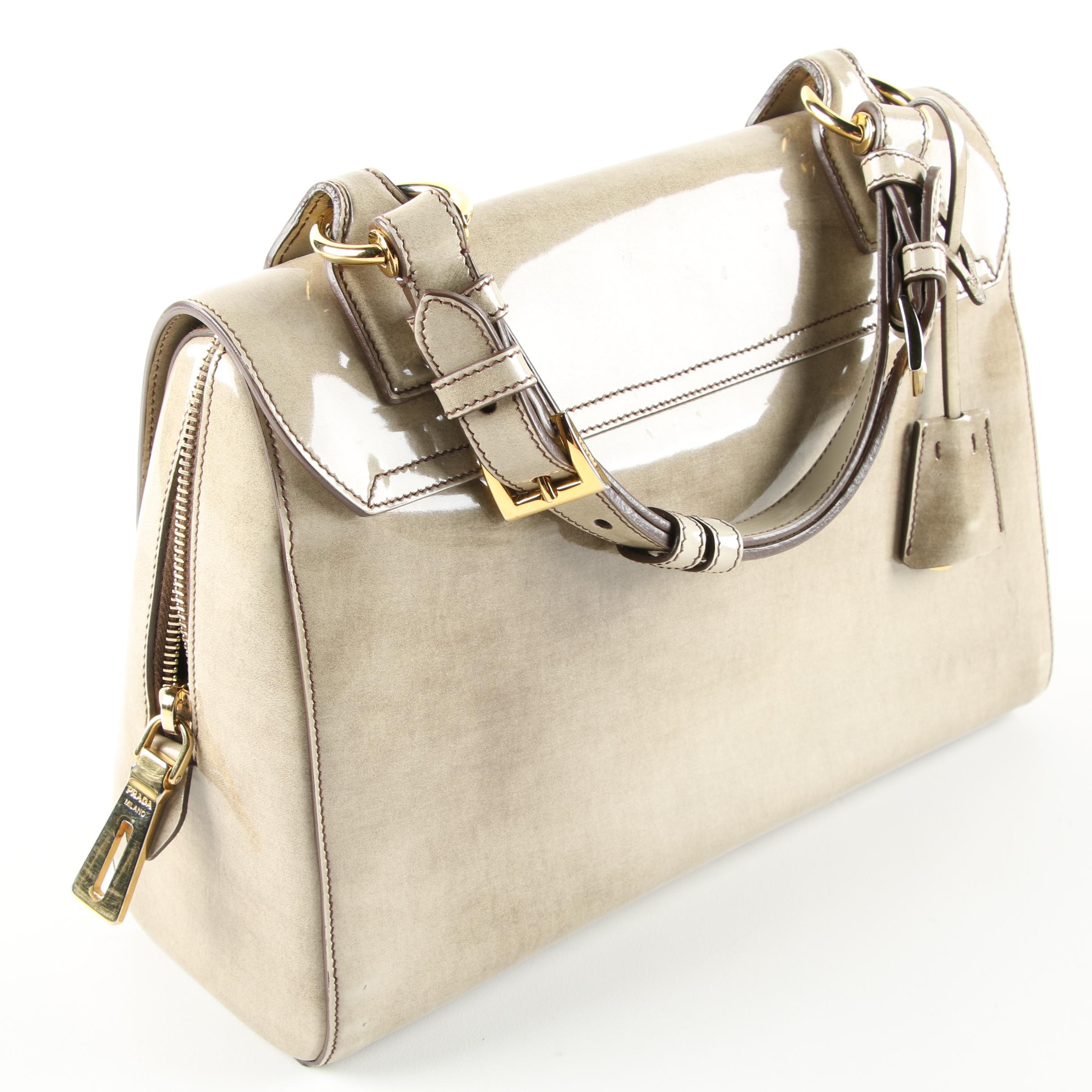 Prada Milano Taupe Patent Leather Satchel Handbag